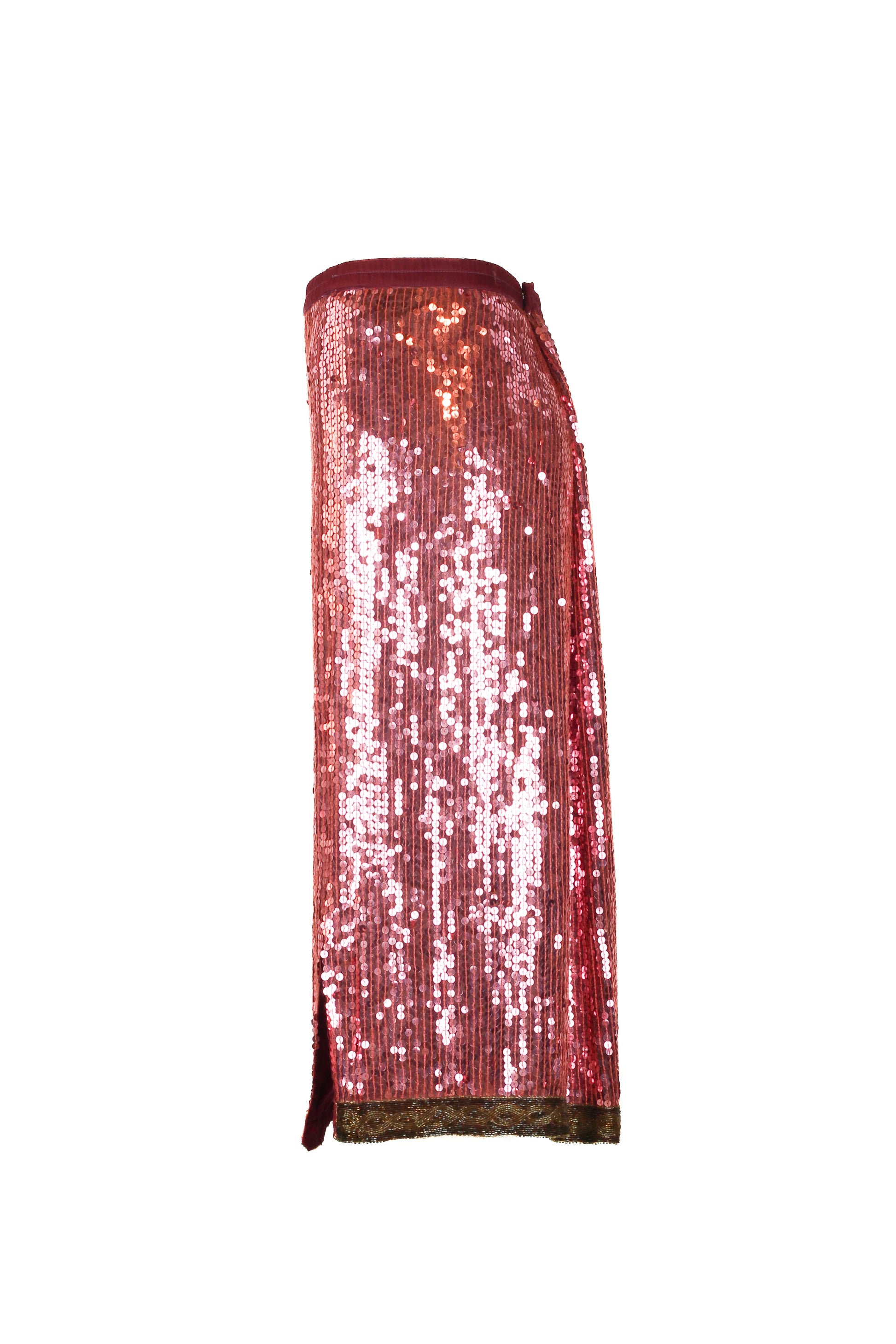Pink sequin midi skirt with geometric beaded hem
