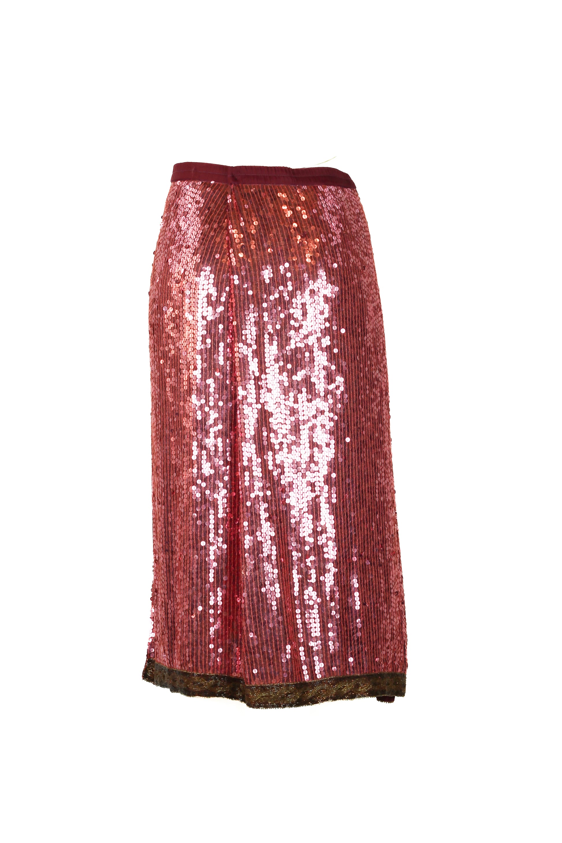 Pink sequin midi skirt with geometric beaded hem