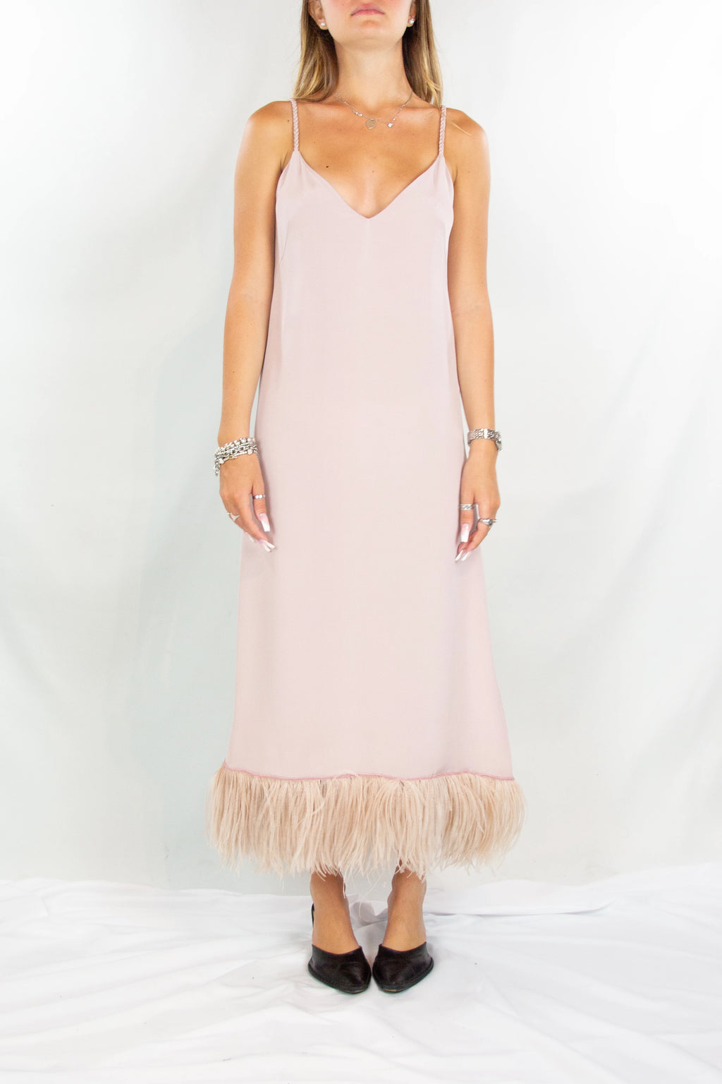 Antique Pink Silk Dress with Feather Hem and Flowing Silhouette