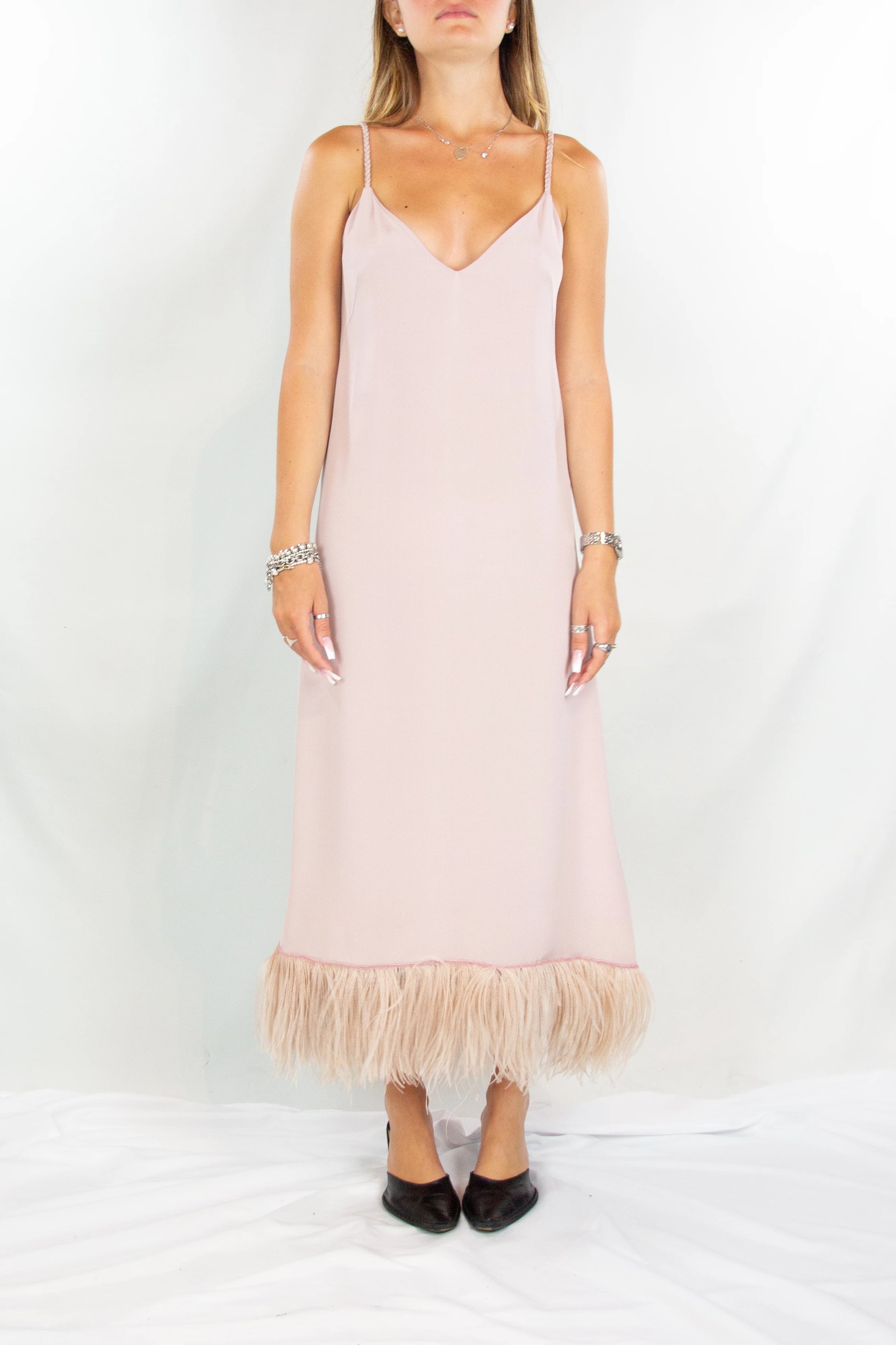 Antique Pink Silk Dress with Feather Hem and Flowing Silhouette