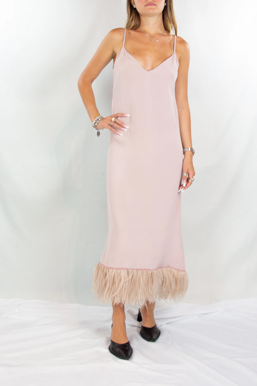 Antique Pink Silk Dress with Feather Hem and Flowing Silhouette