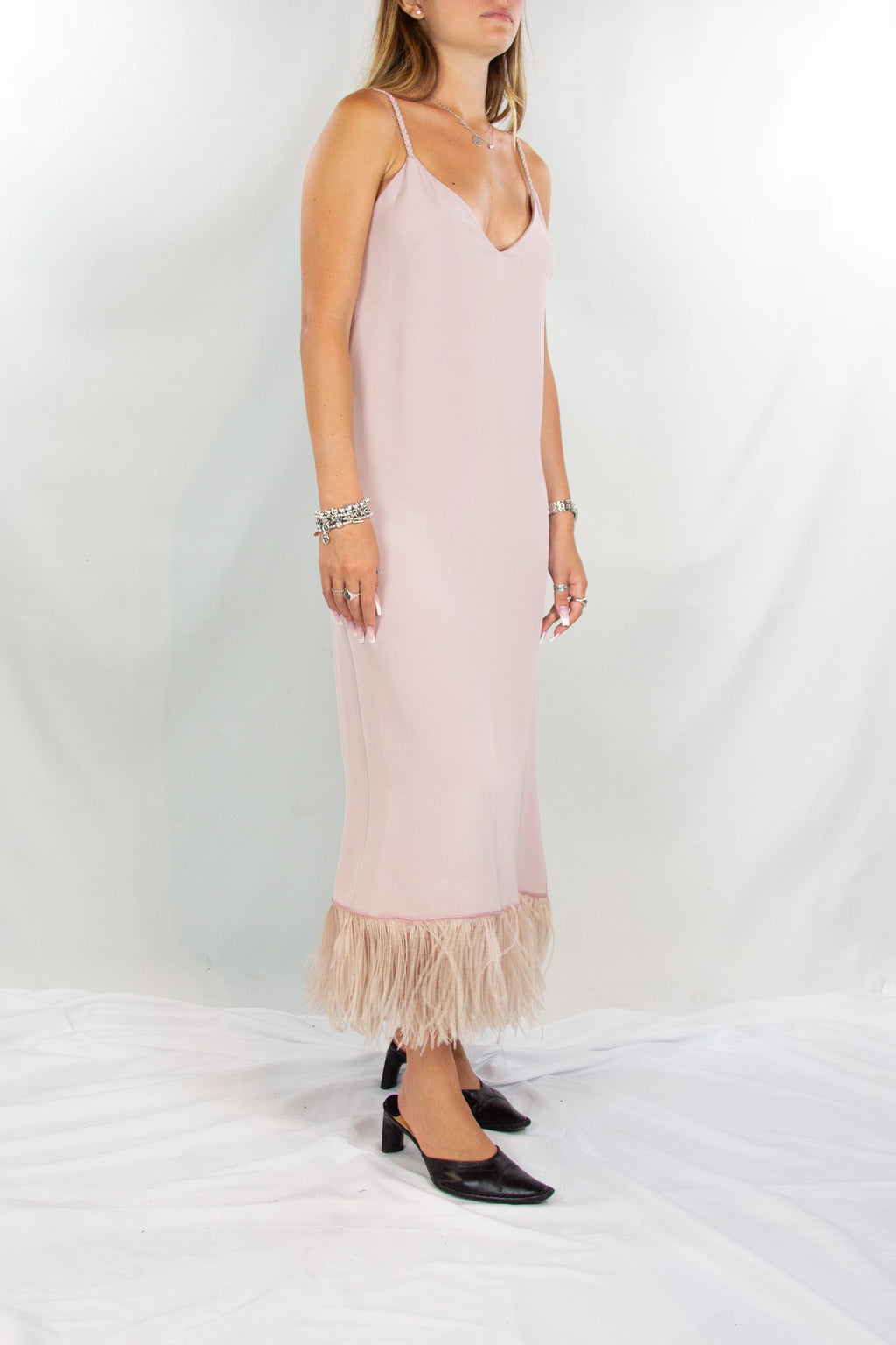Antique Pink Silk Dress with Feather Hem and Flowing Silhouette