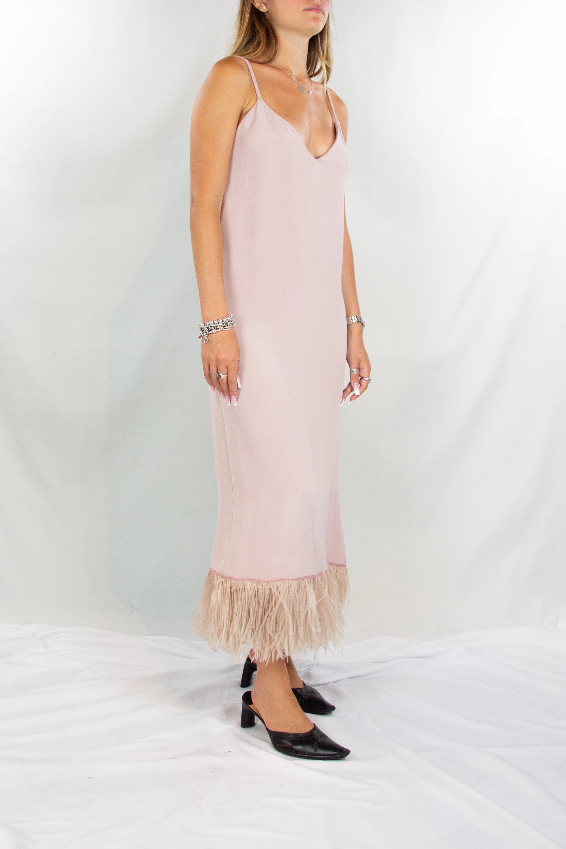 Antique Pink Silk Dress with Feather Hem and Flowing Silhouette
