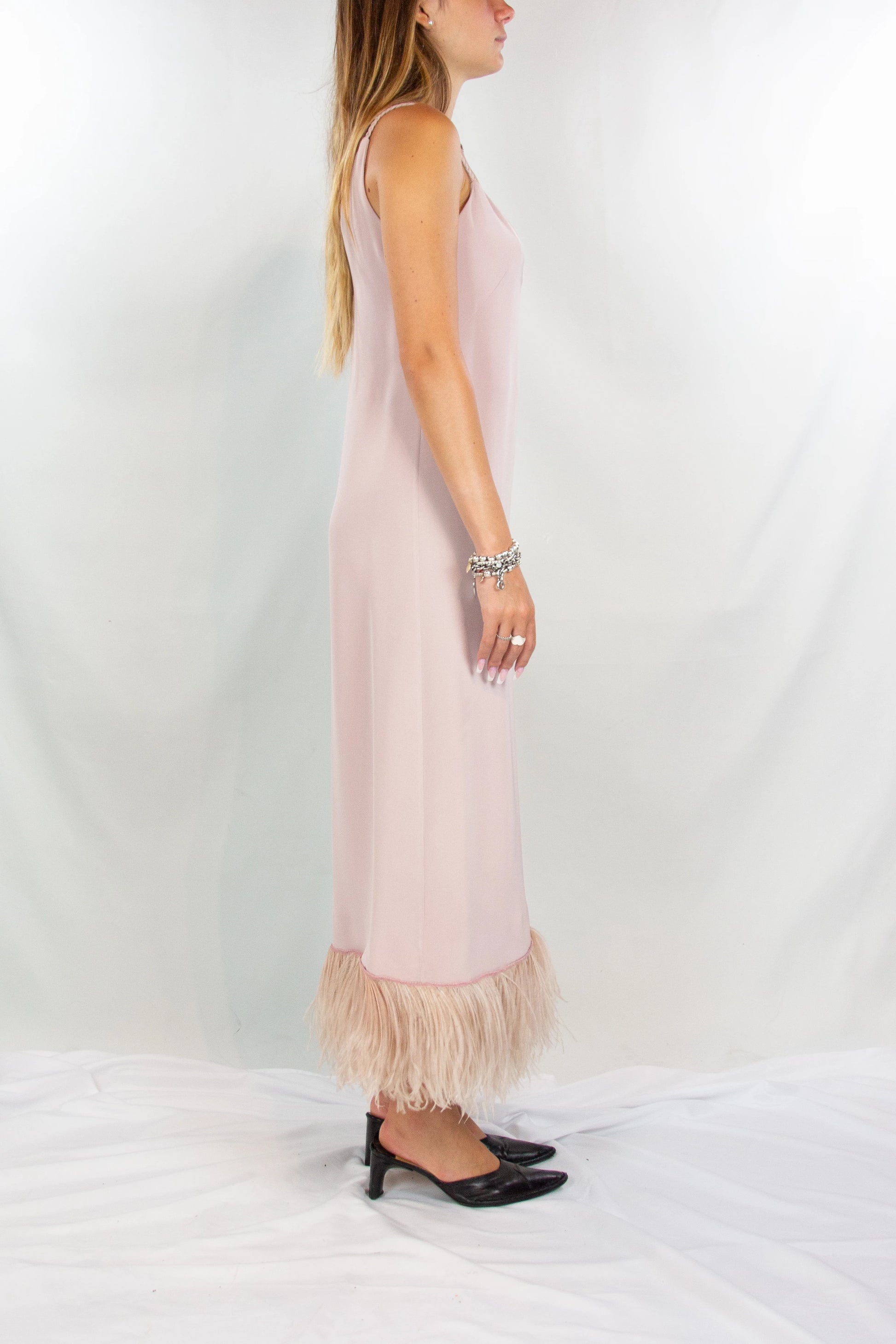 Antique Pink Silk Dress with Feather Hem and Flowing Silhouette