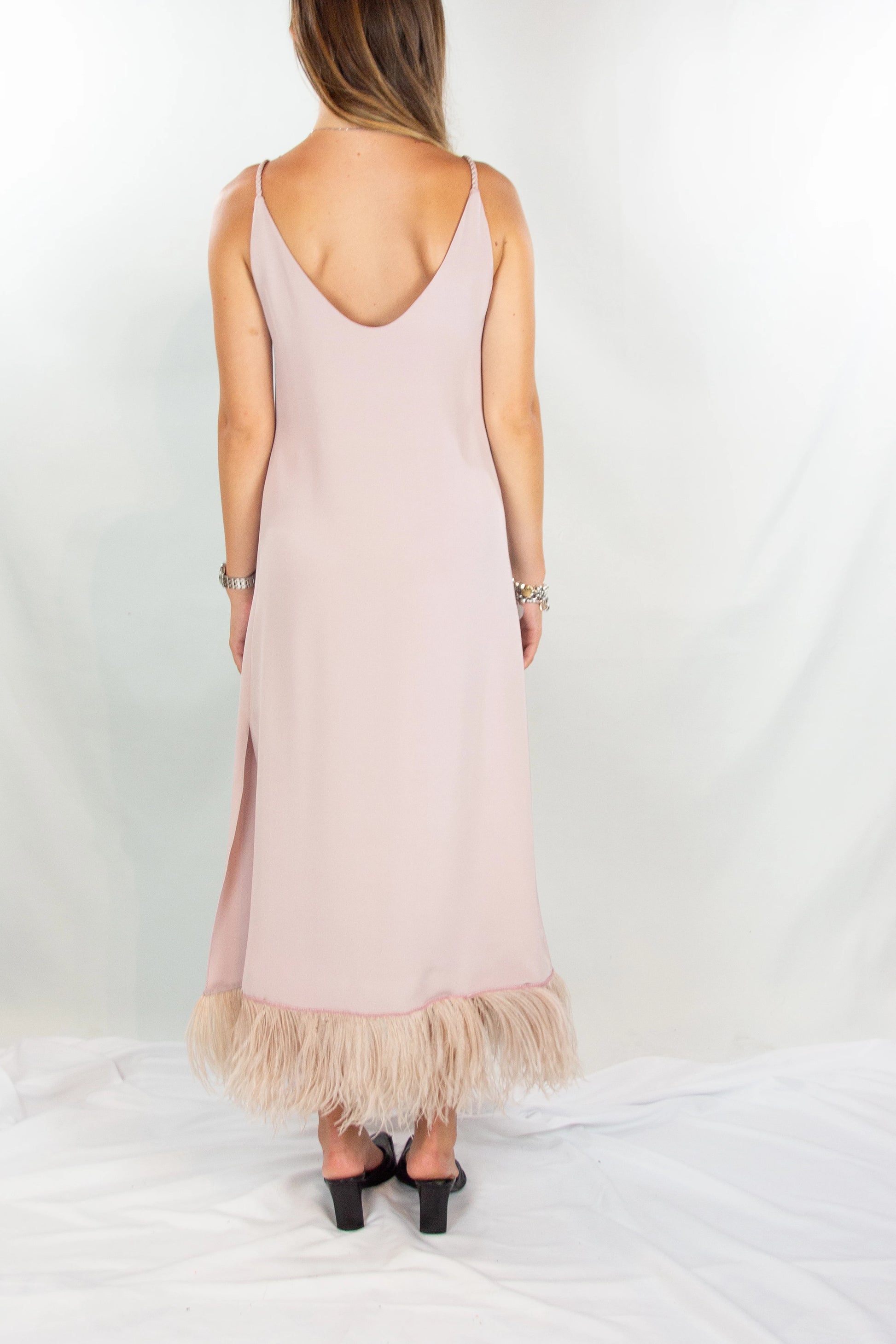 Antique Pink Silk Dress with Feather Hem and Flowing Silhouette