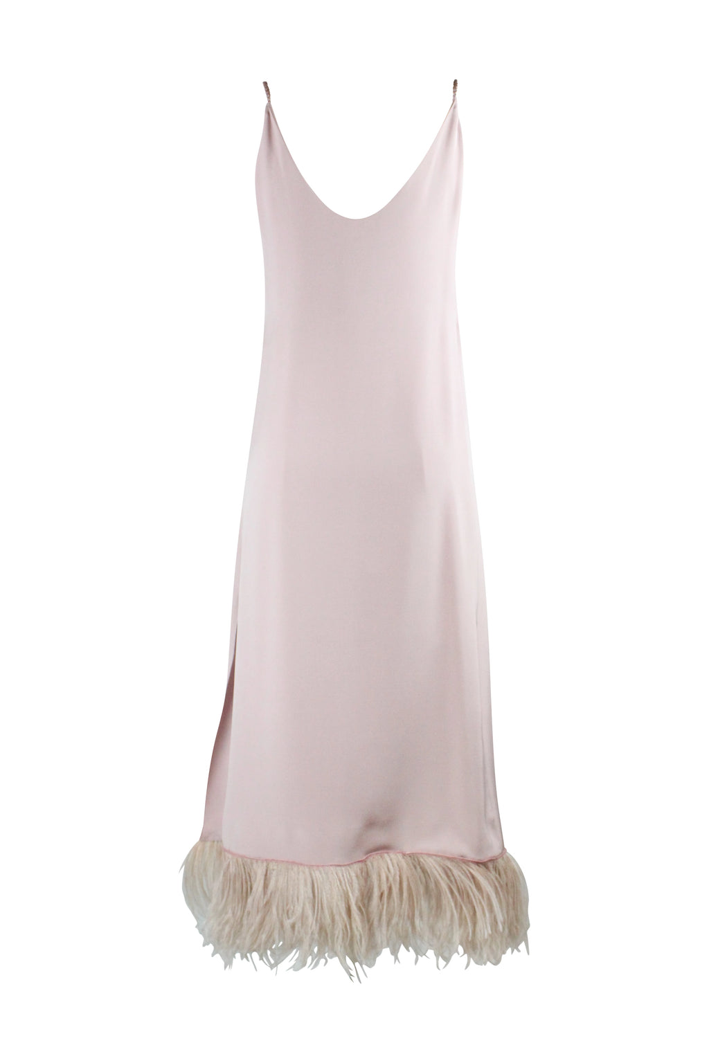 Antique Pink Silk Dress with Feather Hem and Flowing Silhouette