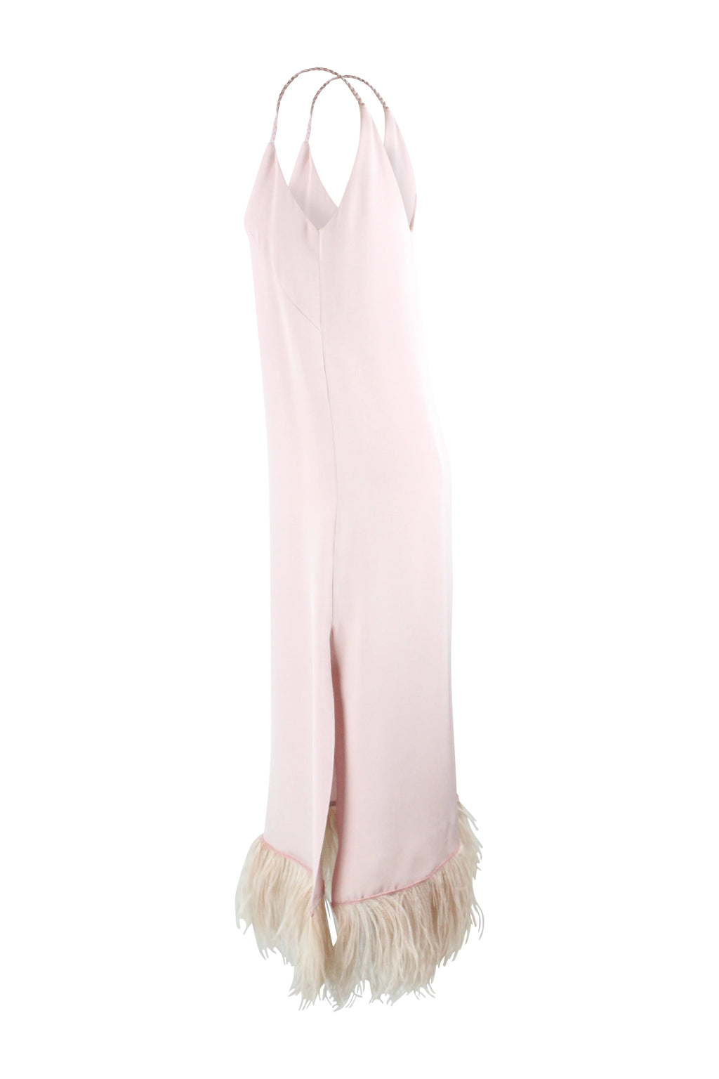 Antique Pink Silk Dress with Feather Hem and Flowing Silhouette