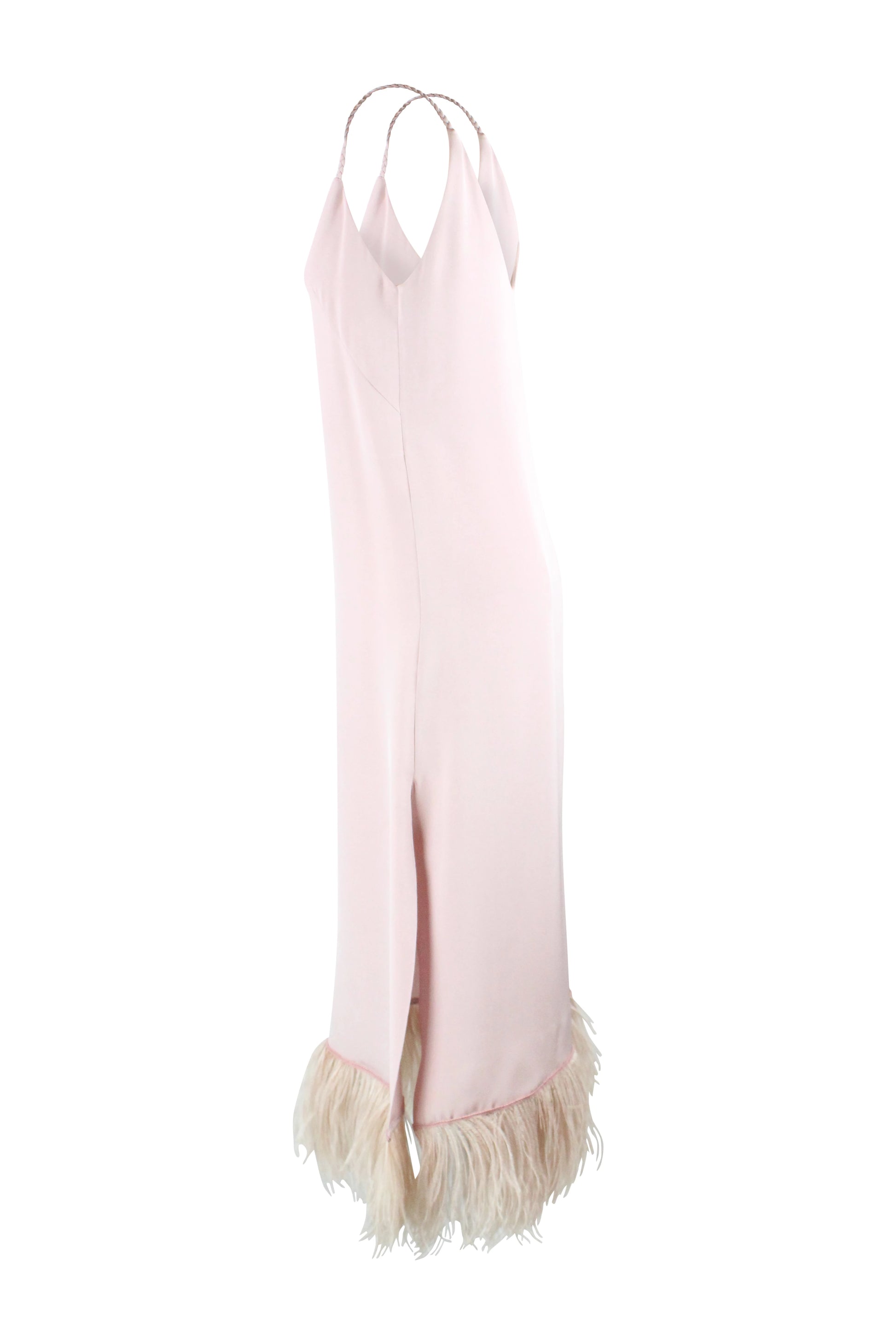 Antique Pink Silk Dress with Feather Hem and Flowing Silhouette