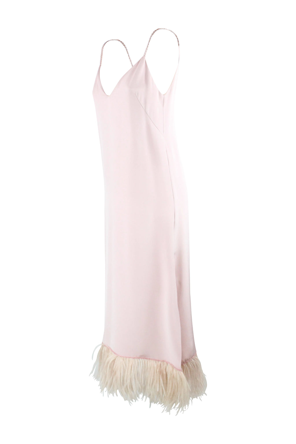 Antique Pink Silk Dress with Feather Hem and Flowing Silhouette