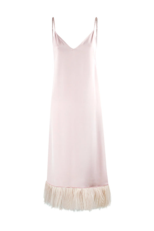 Antique Pink Silk Dress with Feather Hem and Flowing Silhouette