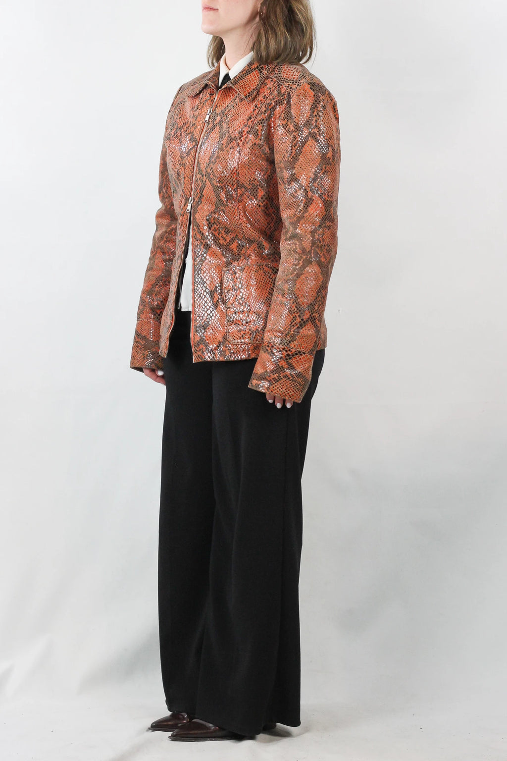 Orange-Toned Biker Jacket with Snakeskin Effect
