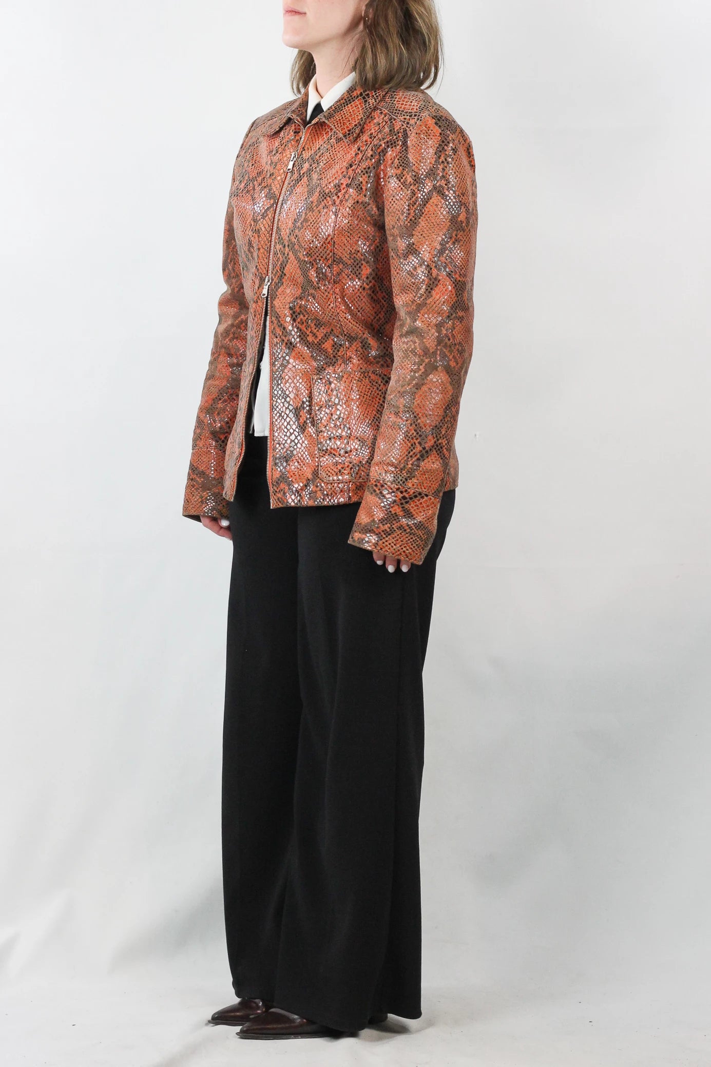 Orange-Toned Biker Jacket with Snakeskin Effect