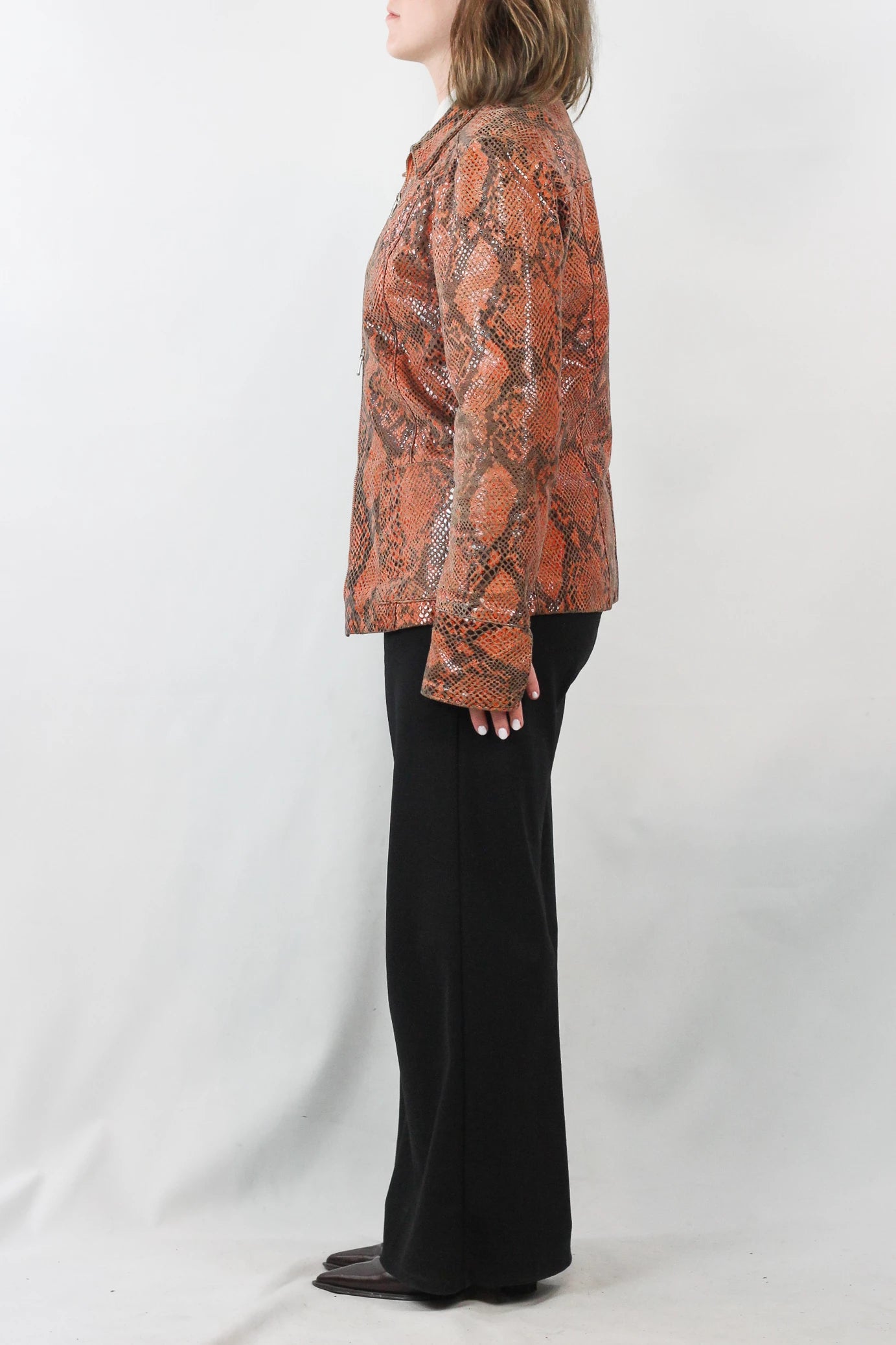 Orange-Toned Biker Jacket with Snakeskin Effect