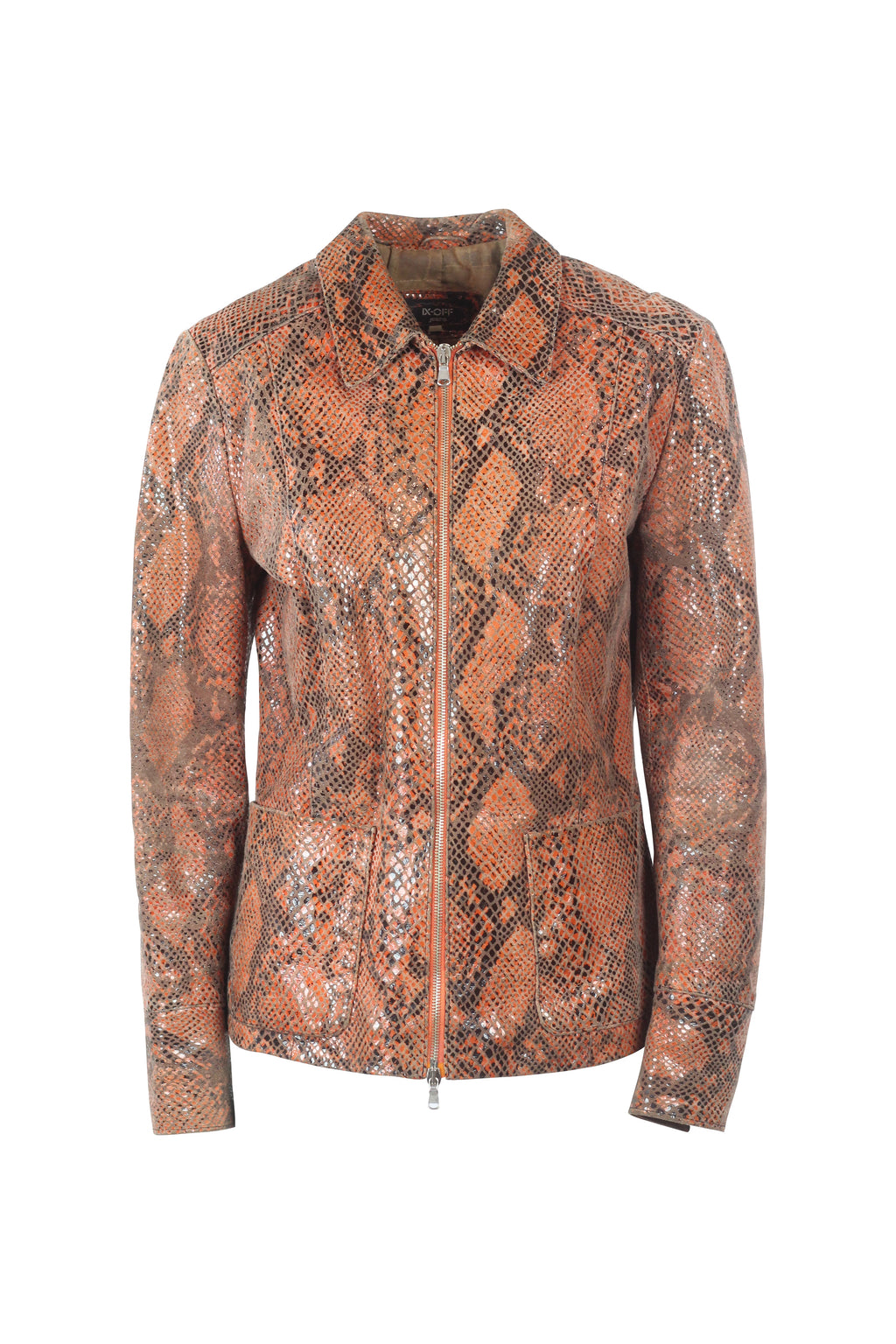 Orange-Toned Biker Jacket with Snakeskin Effect