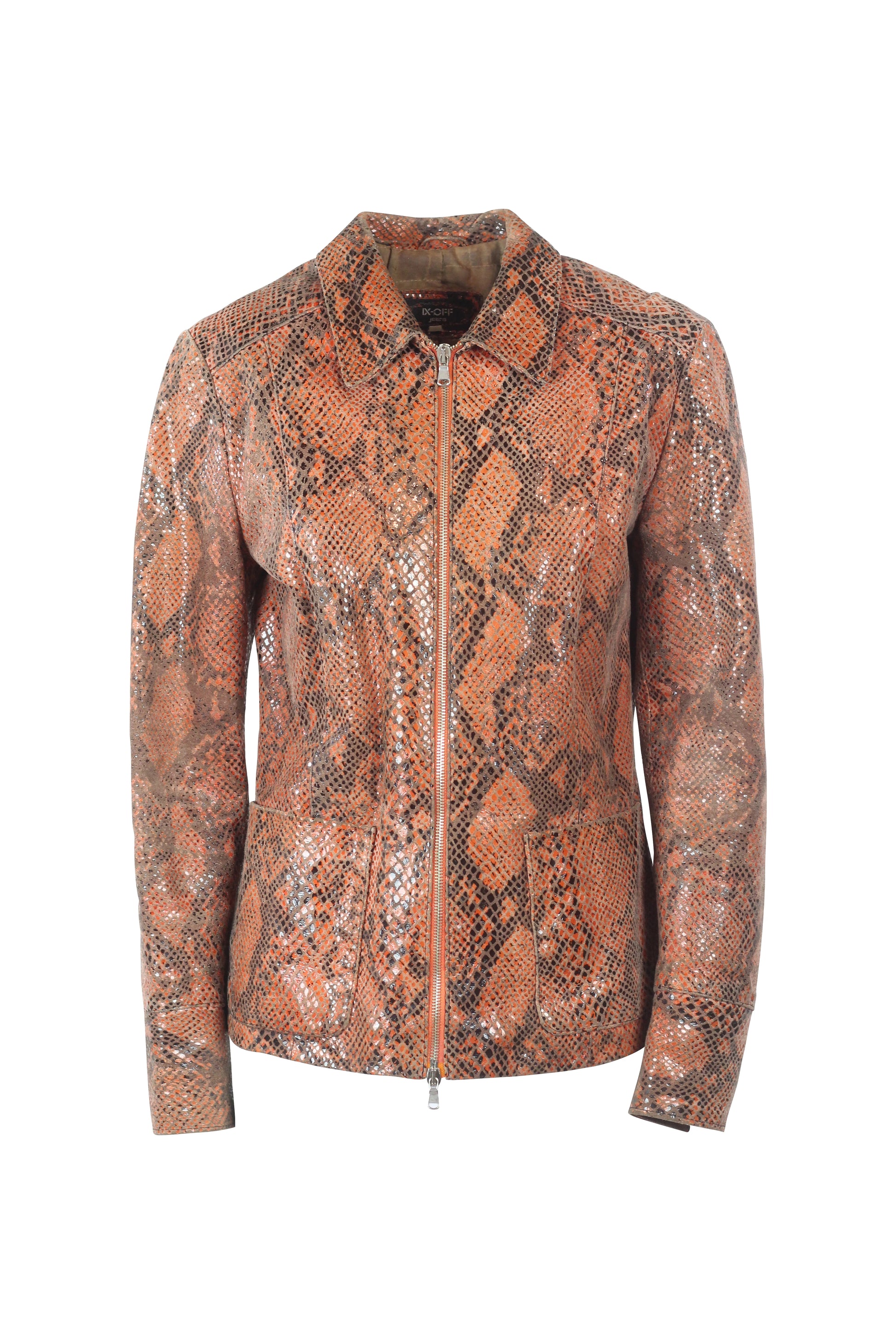 Orange-Toned Biker Jacket with Snakeskin Effect