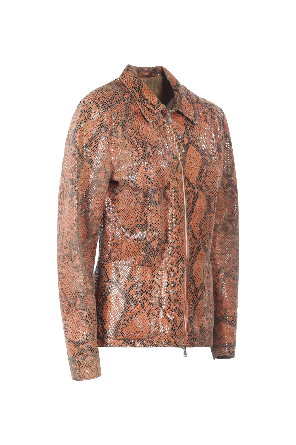 Orange-Toned Biker Jacket with Snakeskin Effect