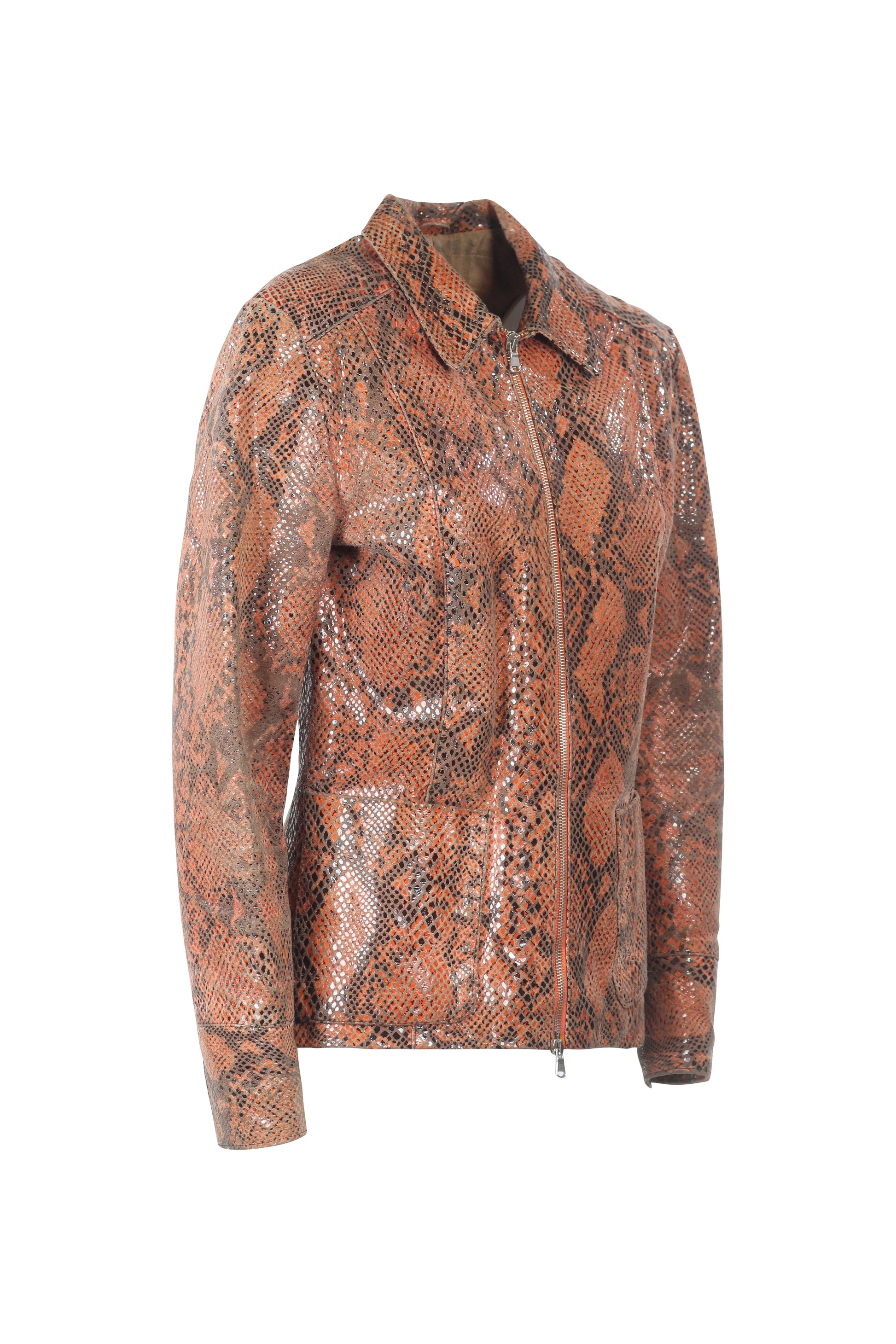 Orange-Toned Biker Jacket with Snakeskin Effect
