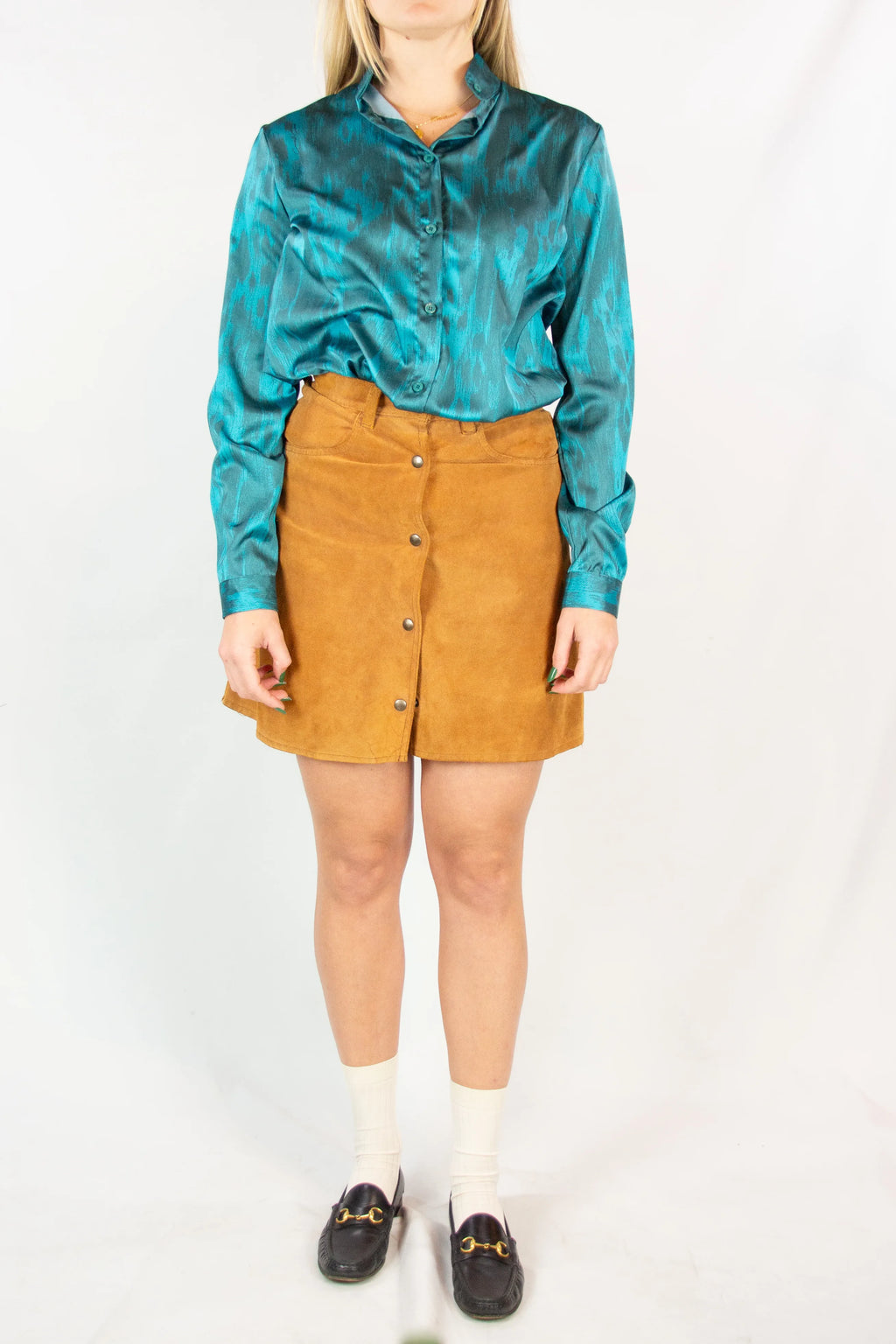 Suede A-Line Miniskirt with Front Button Closure