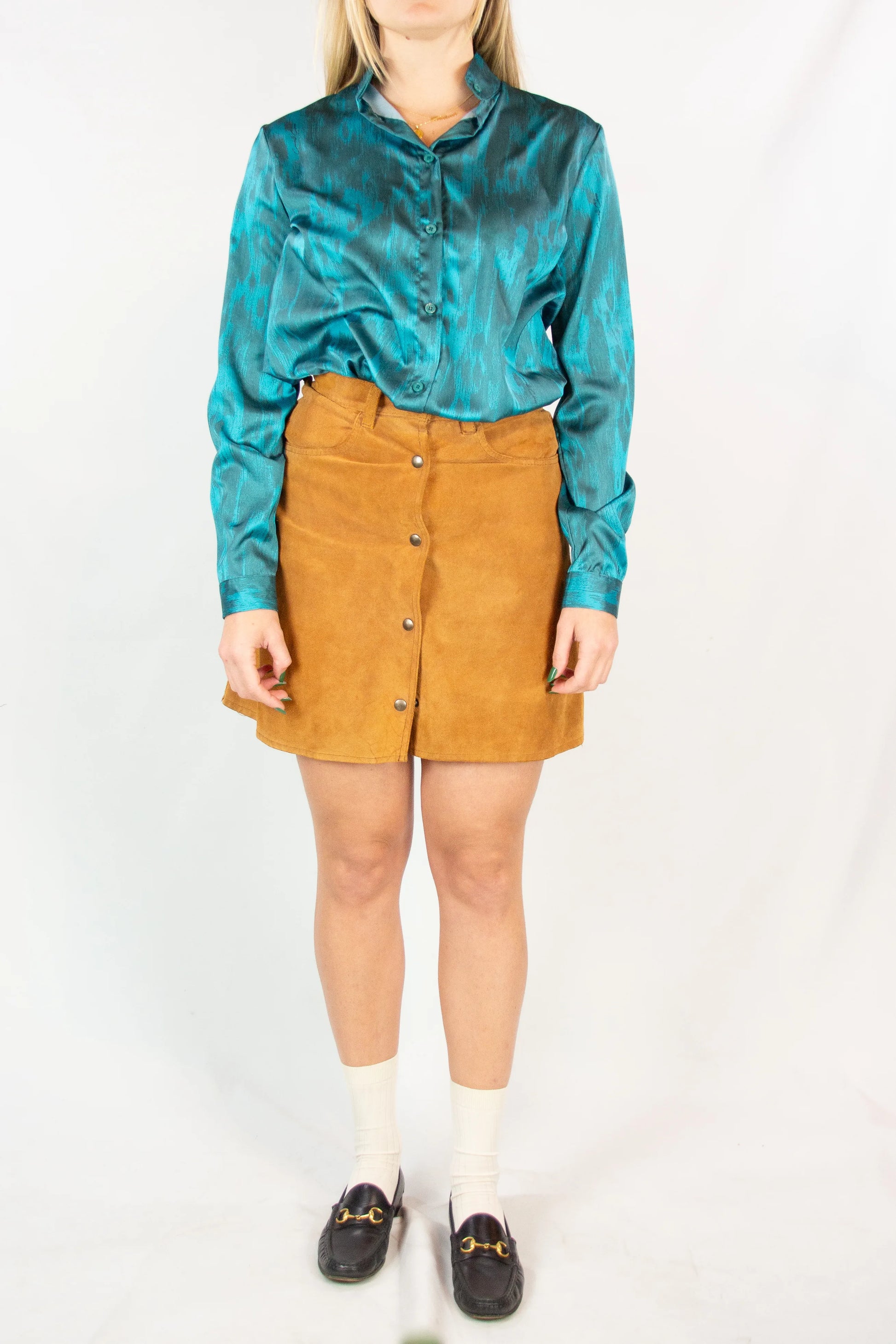Suede A-Line Miniskirt with Front Button Closure