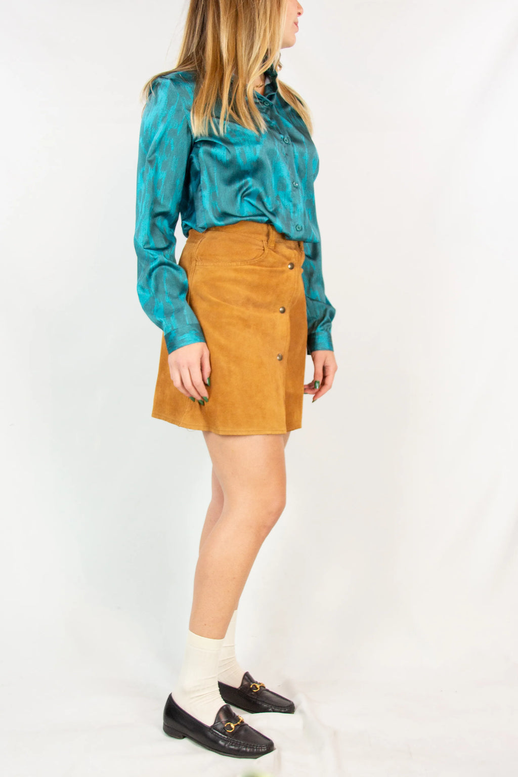 Suede A-Line Miniskirt with Front Button Closure
