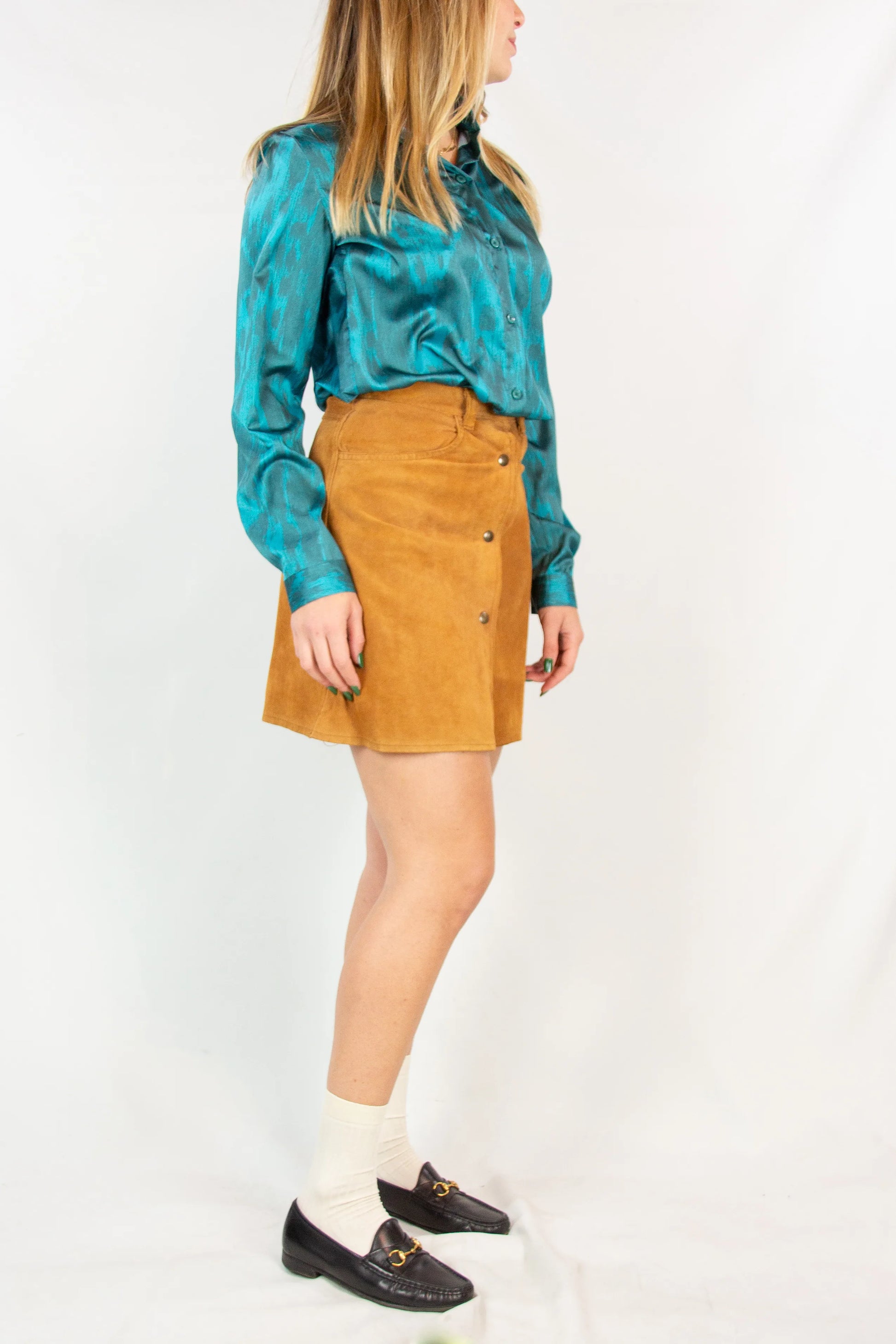 Suede A-Line Miniskirt with Front Button Closure