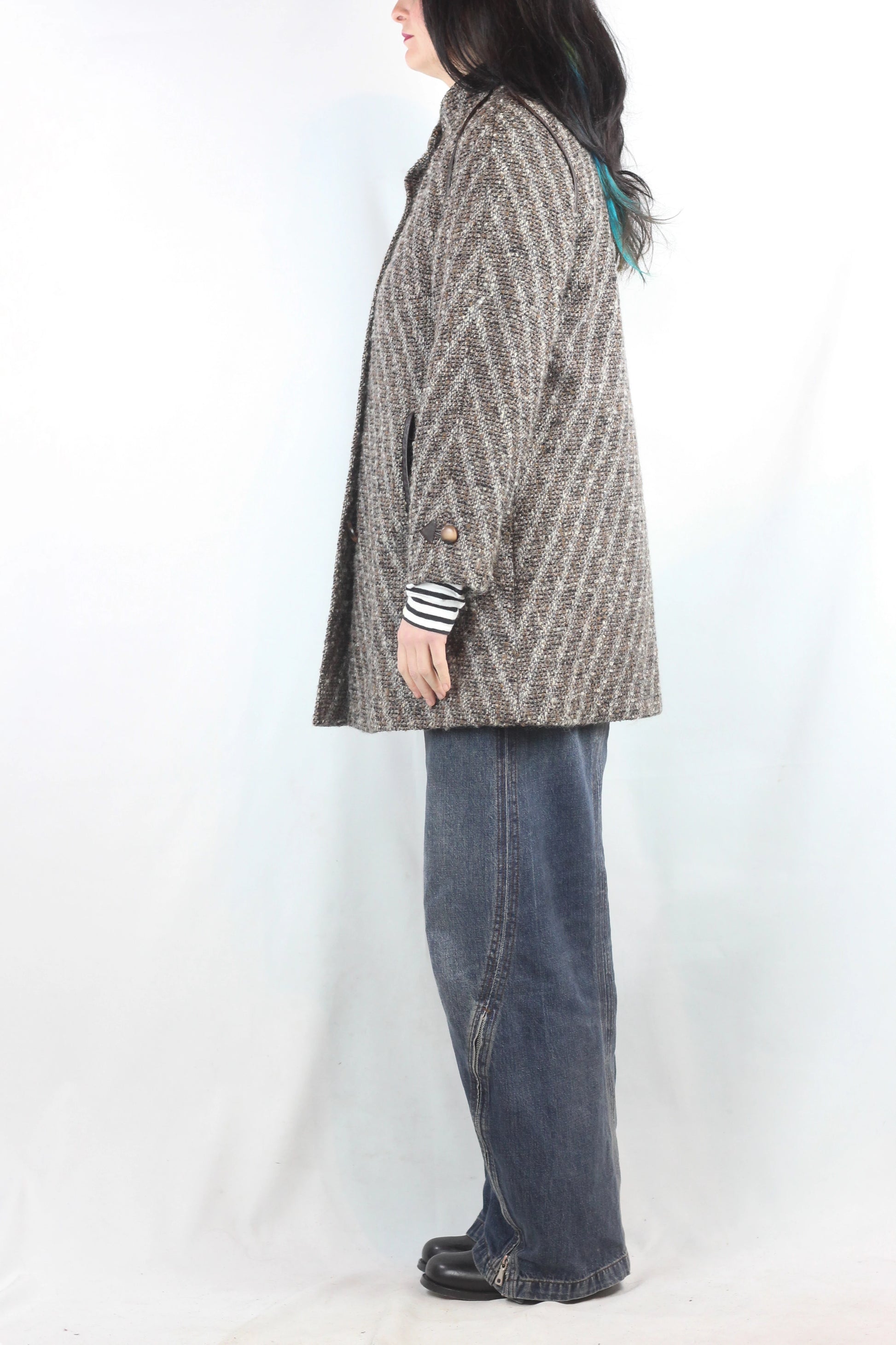 Beige and Brown Tweed Trapeze Coat