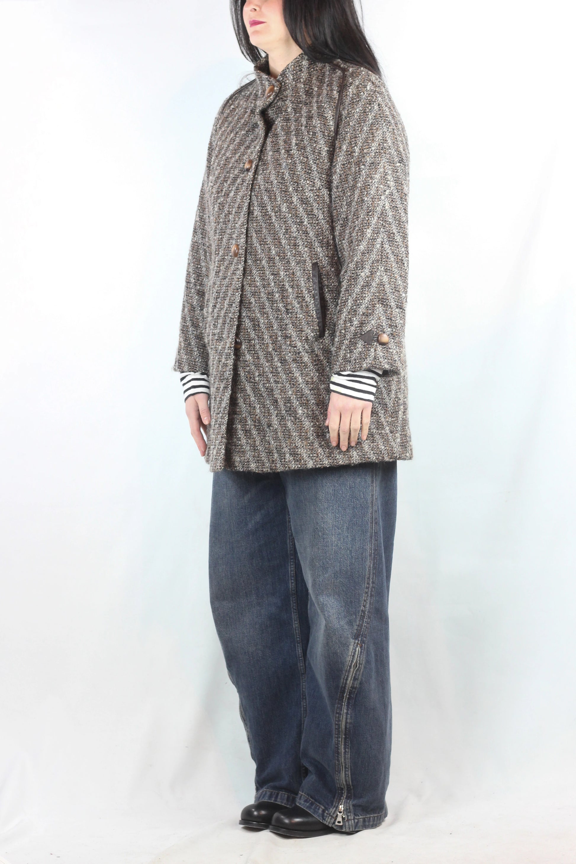 Beige and Brown Tweed Trapeze Coat