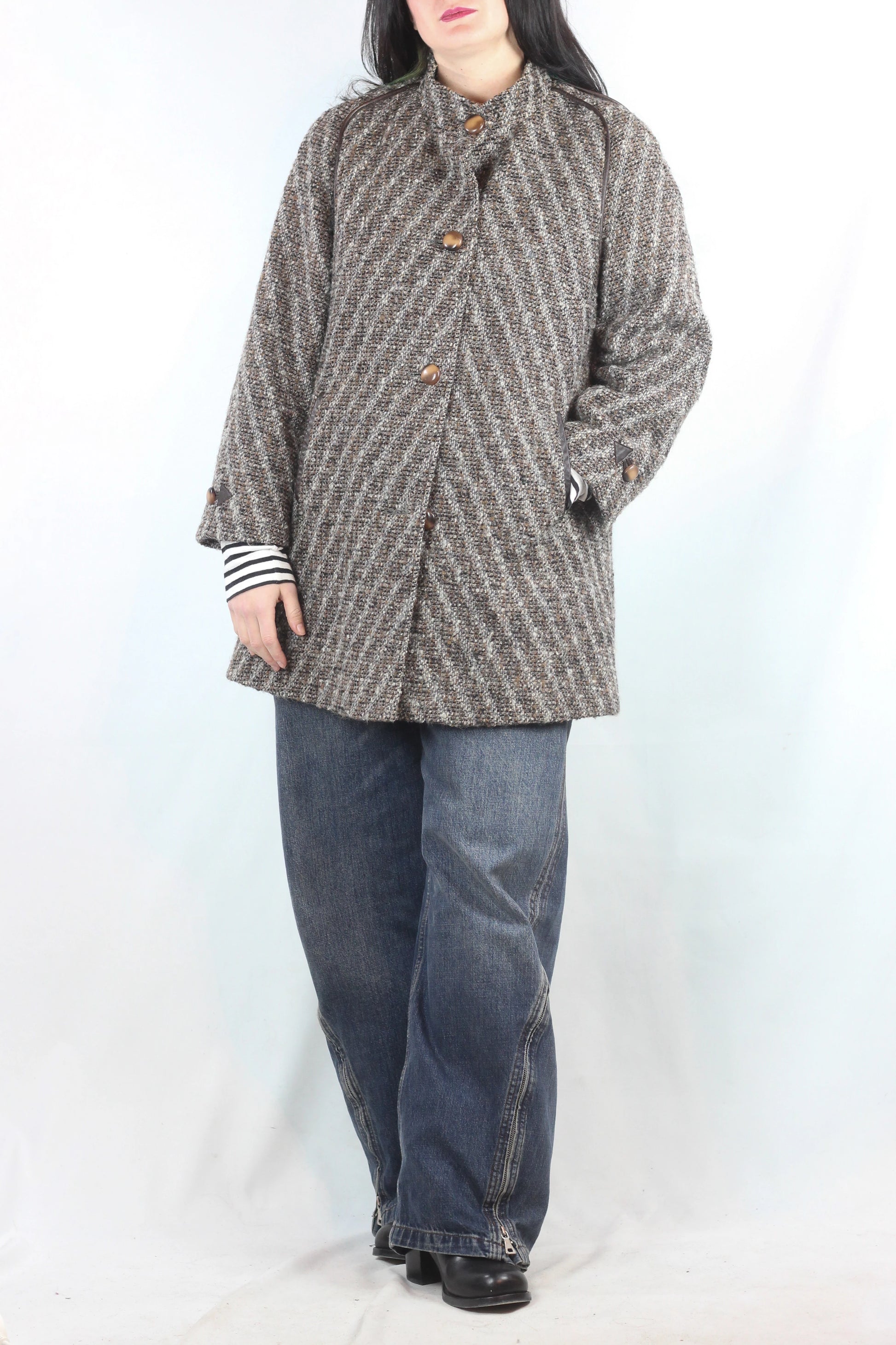 Beige and Brown Tweed Trapeze Coat