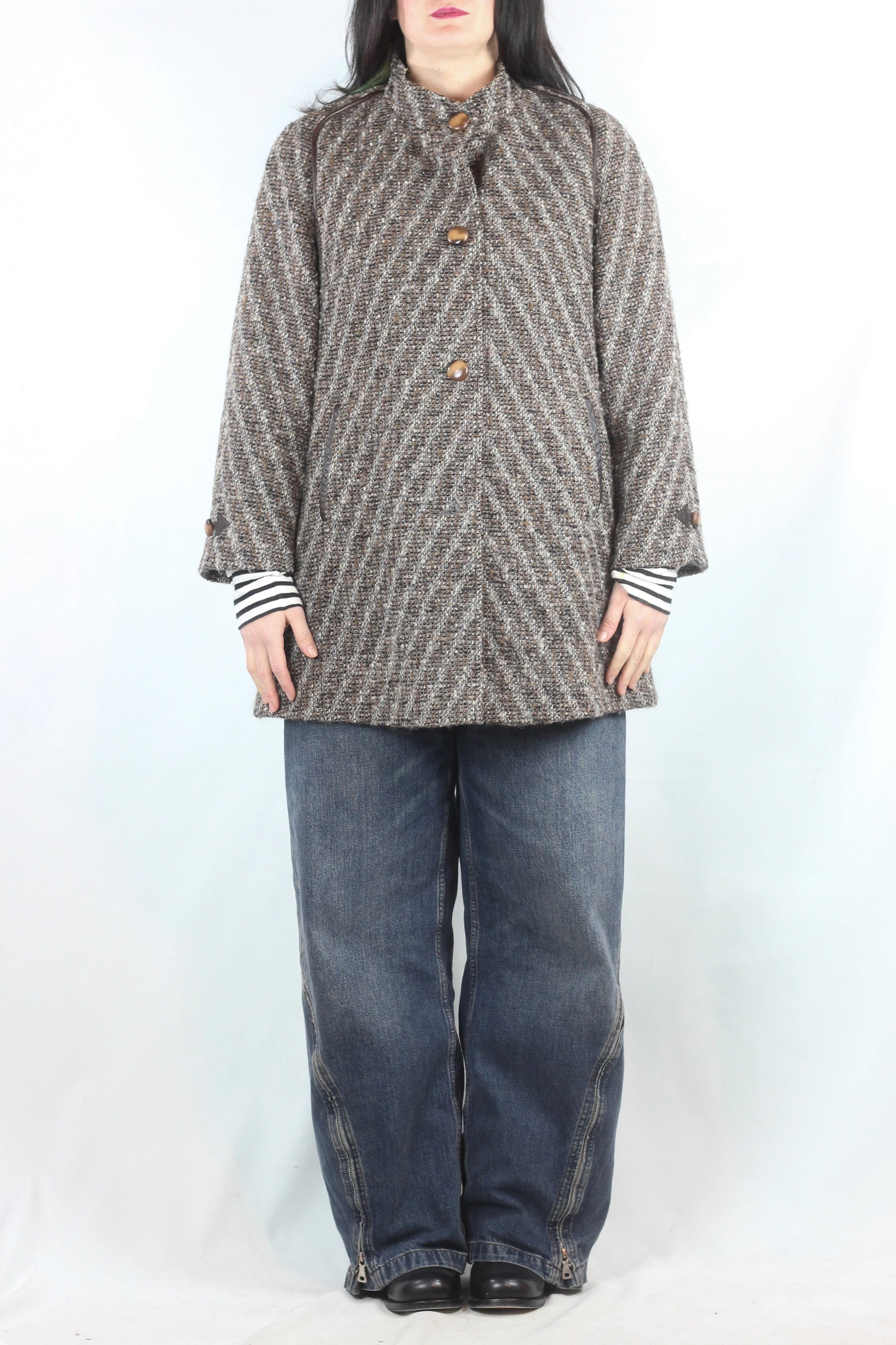 Beige and Brown Tweed Trapeze Coat