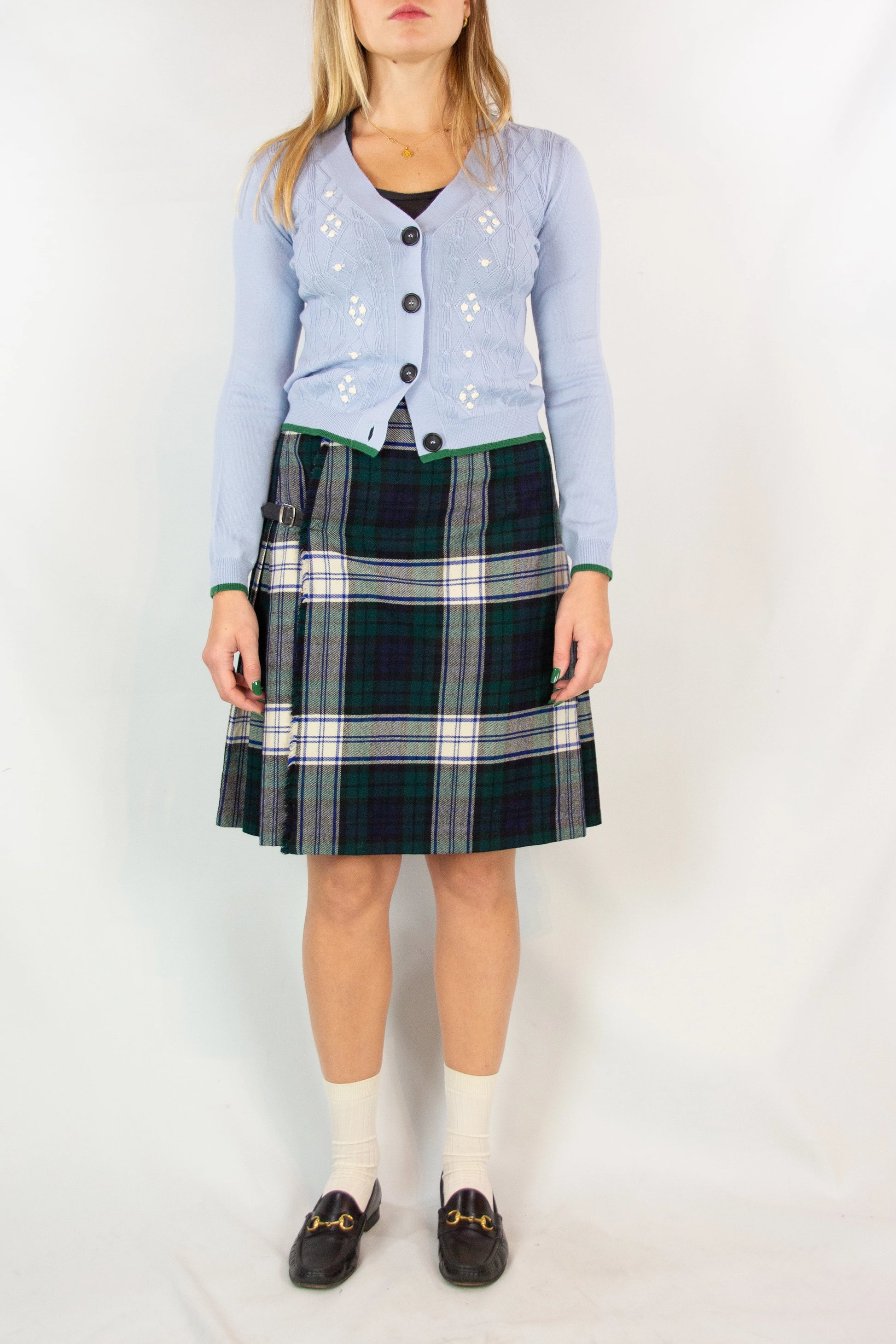 Dark Green and White Tartan Kilt with Side Belt