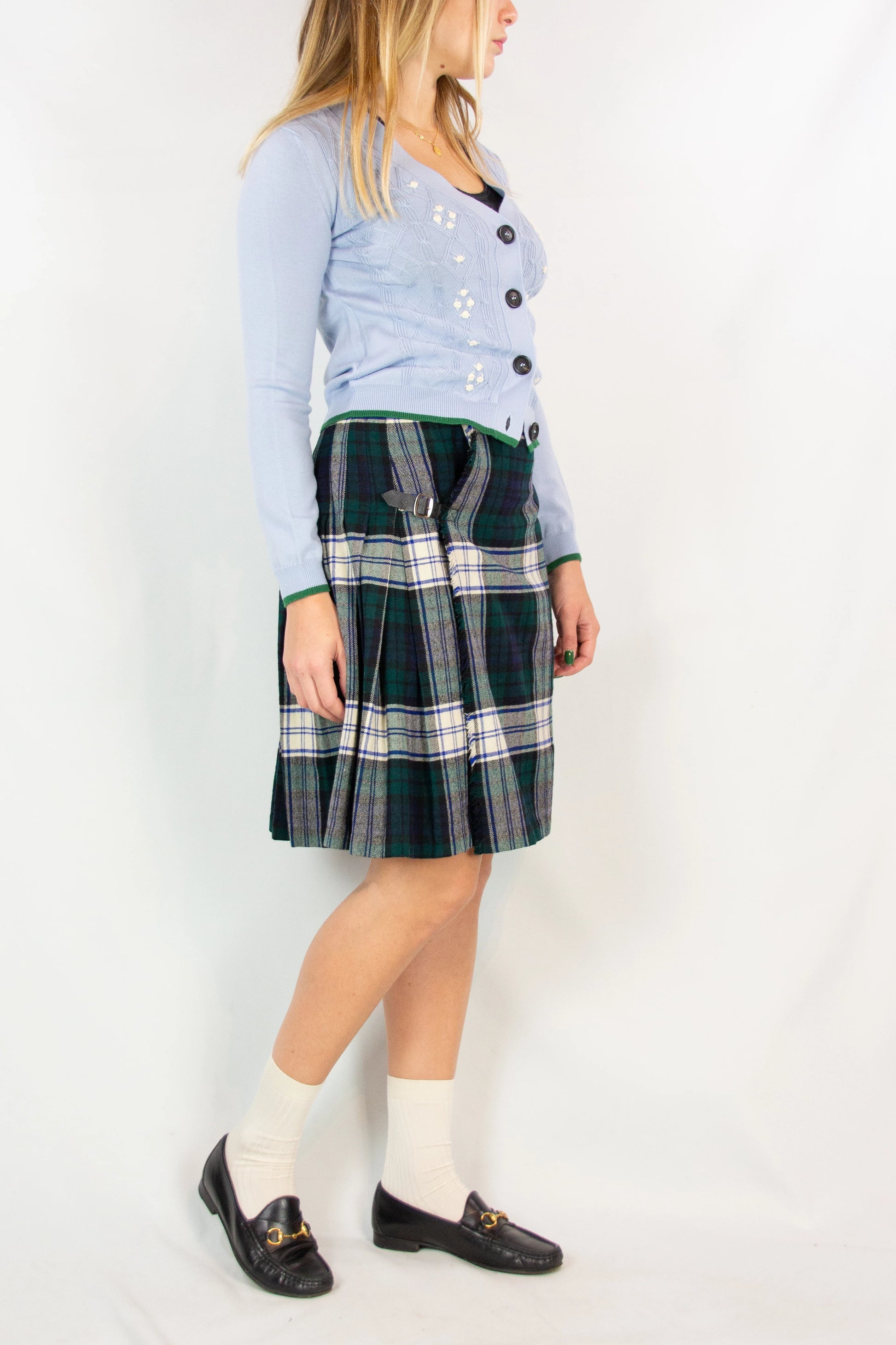 Dark Green and White Tartan Kilt with Side Belt