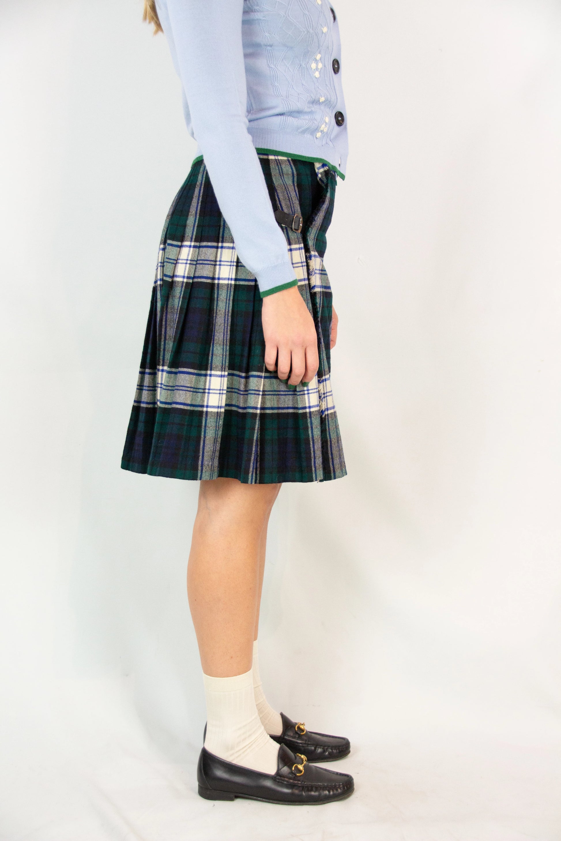 Dark Green and White Tartan Kilt with Side Belt