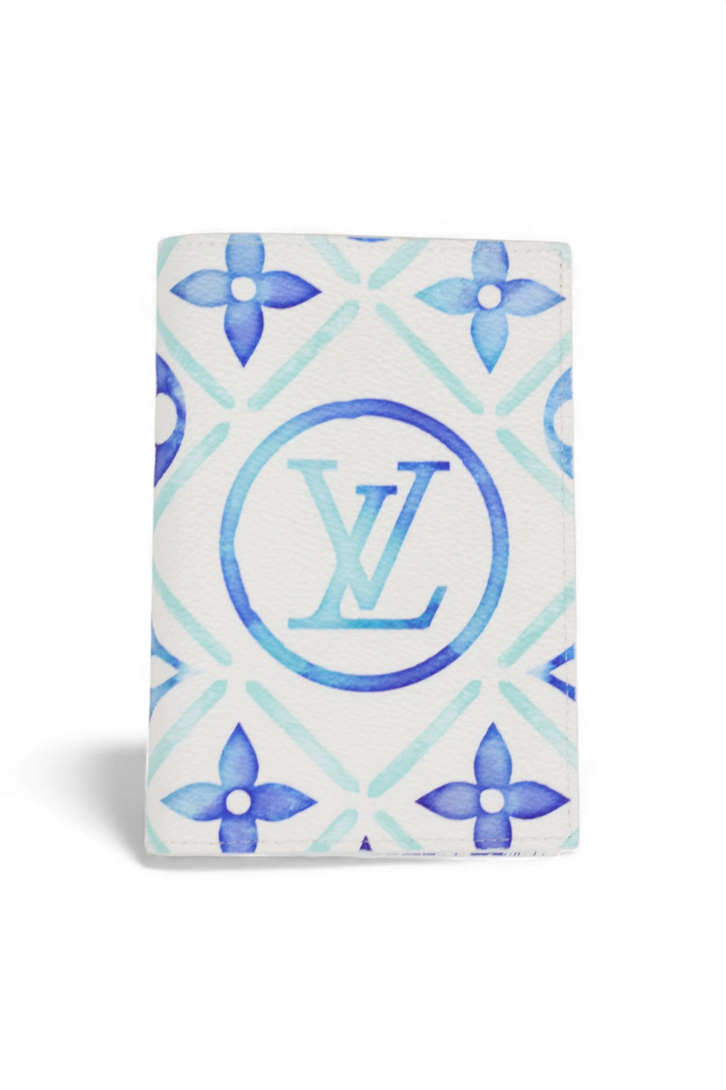 Passport Holder with White Background and Blue Watercolour Monogram