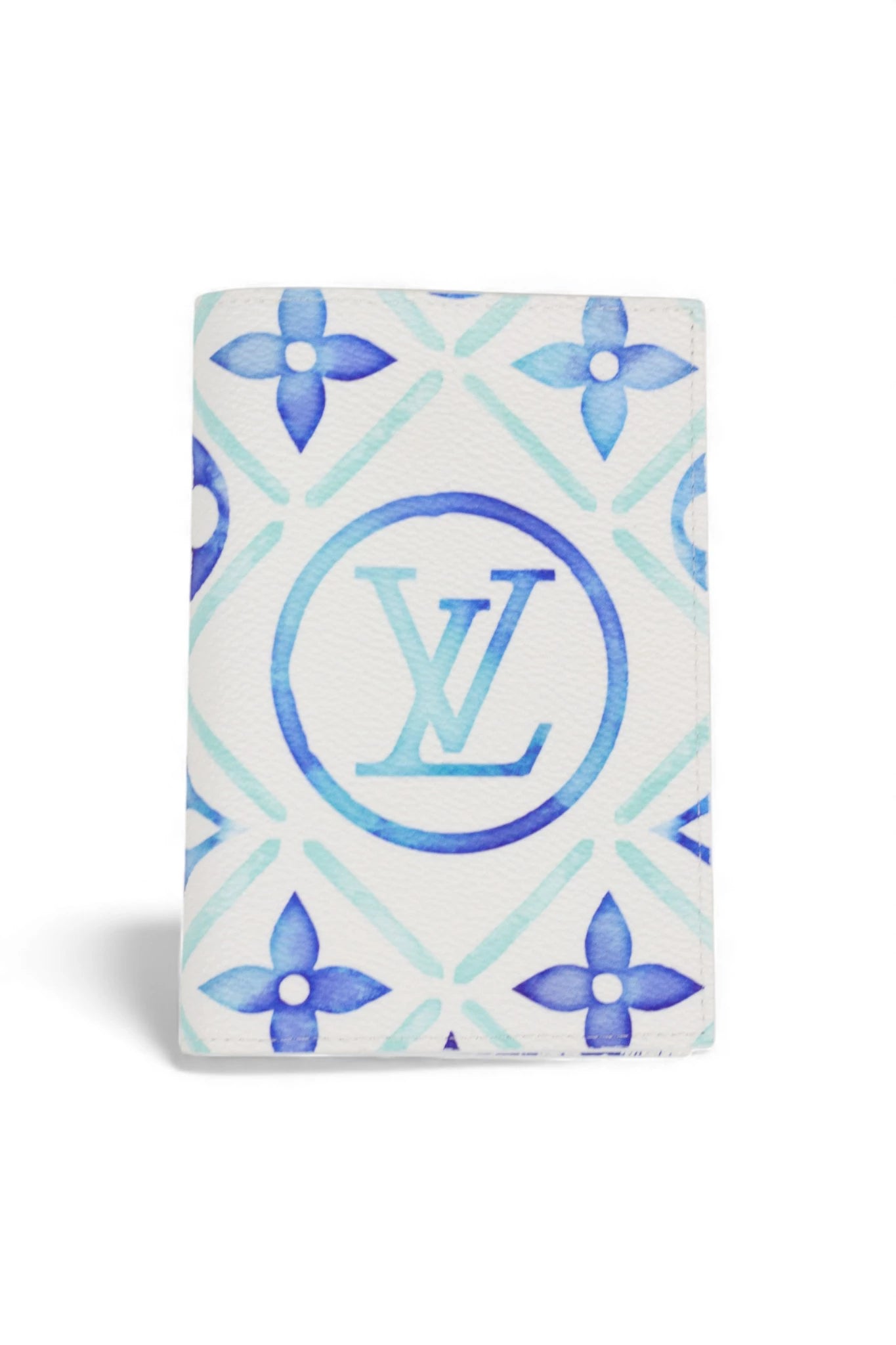 Passport Holder with White Background and Blue Watercolour Monogram