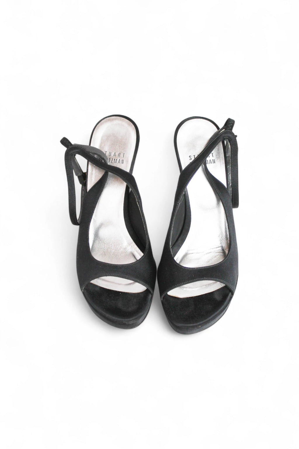 Black Satin Open-Toe Slingback Heels