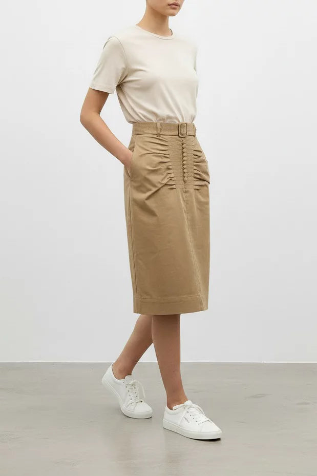 Ruched Cotton Pencil Skirt Belt SS2018