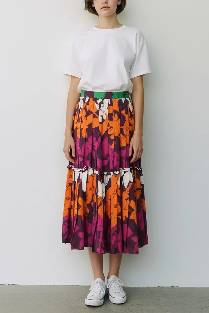Tiered Pleated Floral Midi Skirt