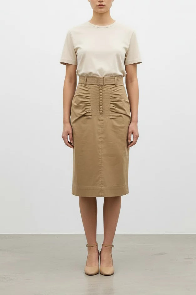 Ruched Cotton Pencil Skirt Belt SS2018