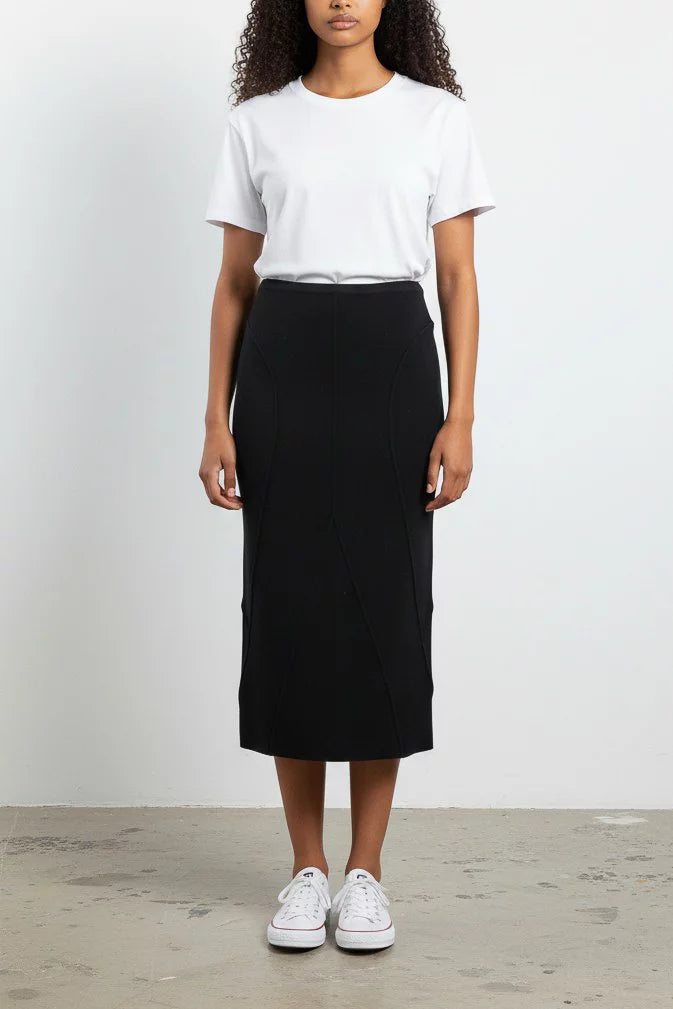 Wool Stretch Pencil Midi Skirt in Black
