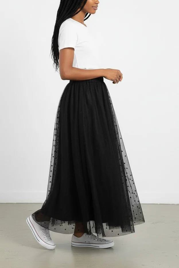 Star-Embroidered Tulle Midi Skirt