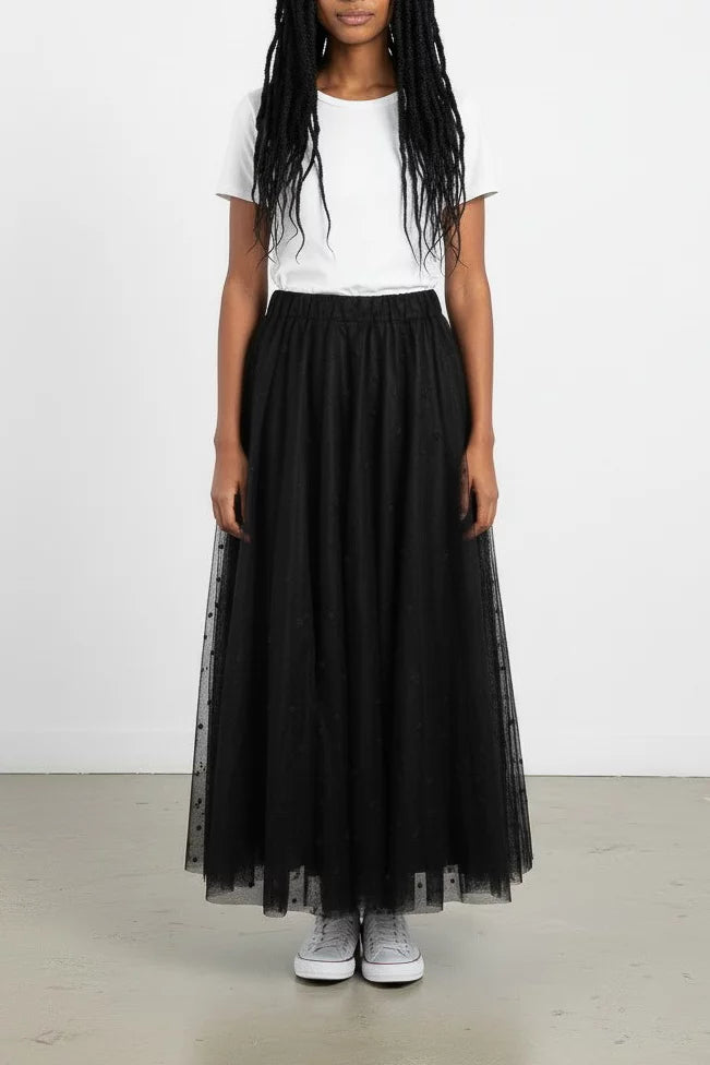 Star-Embroidered Tulle Midi Skirt