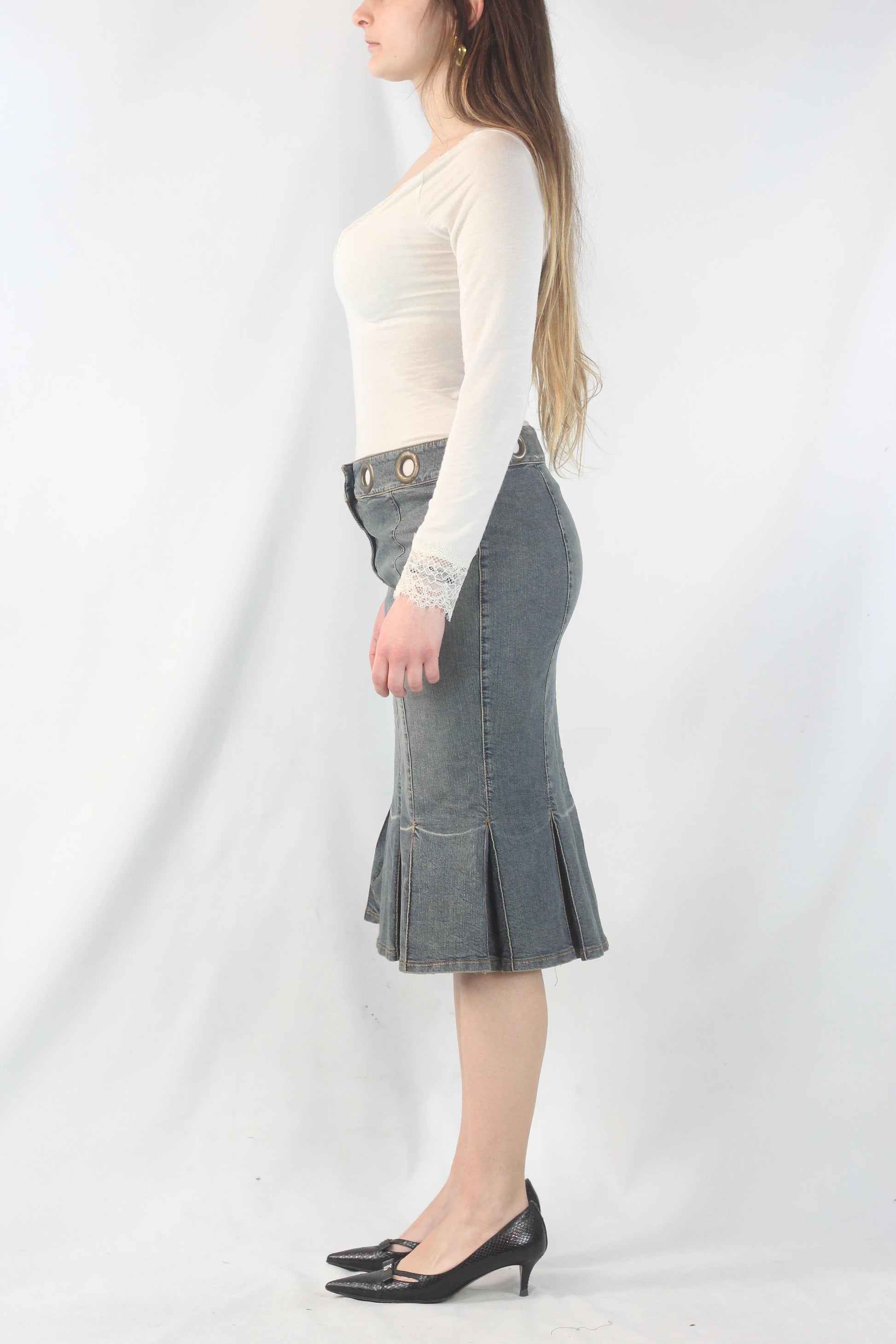 Denim Pencil Skirt with Pleated Hem