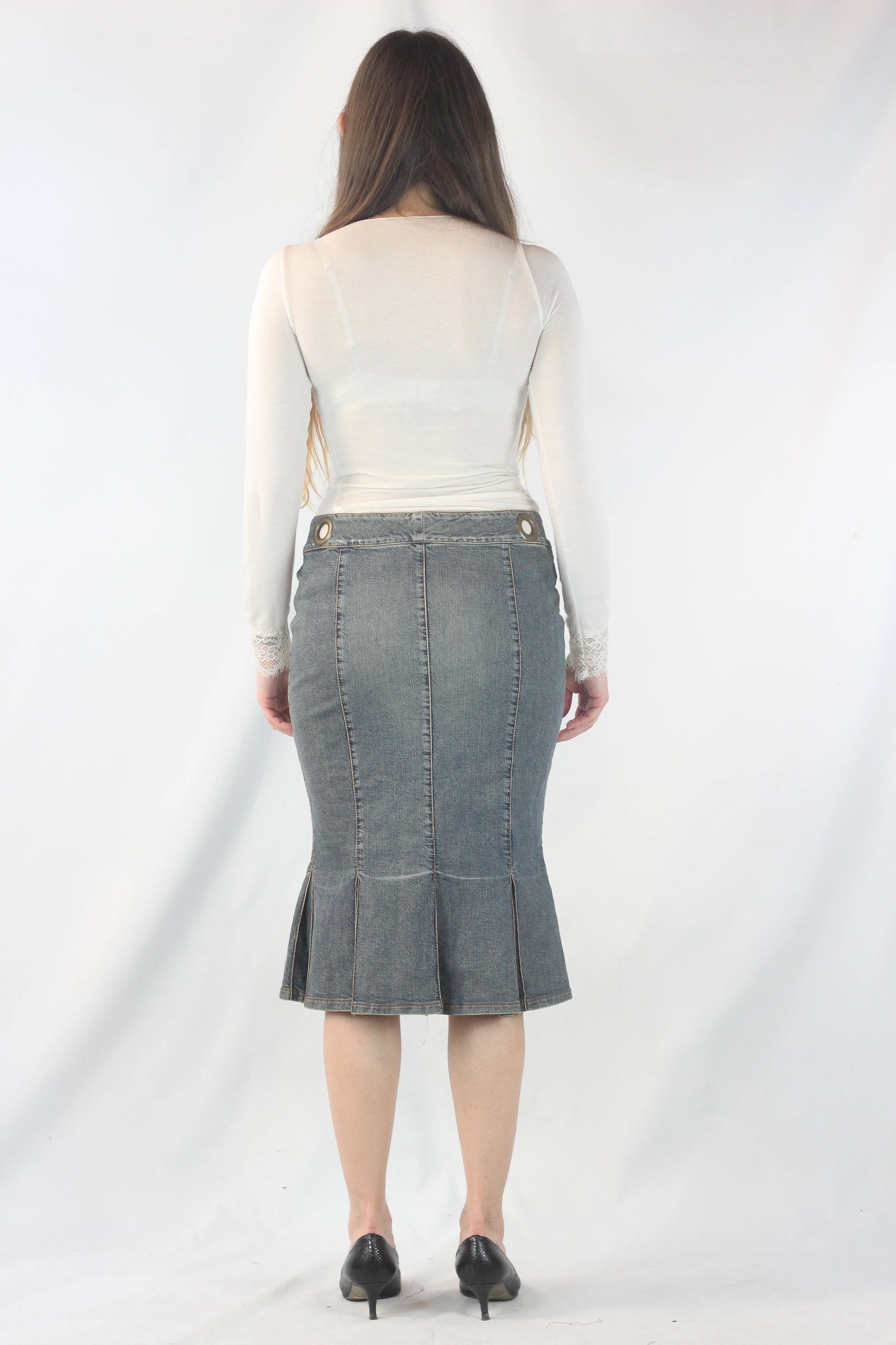 Denim Pencil Skirt with Pleated Hem