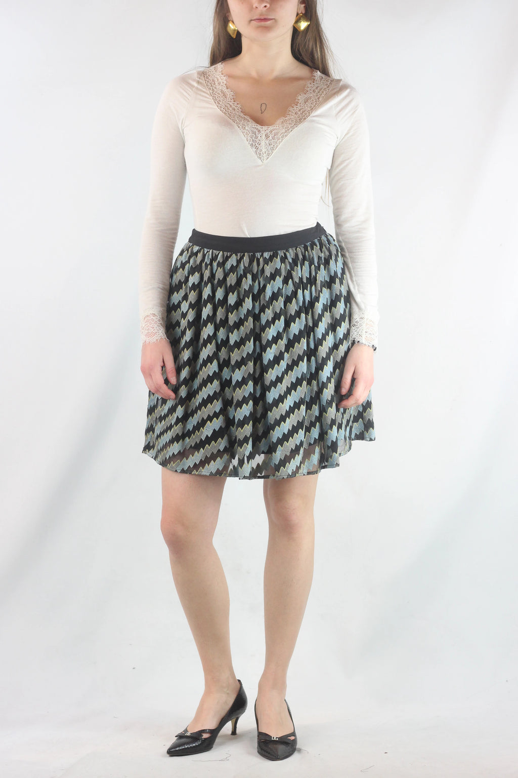 Silk Skater Skirt with Black Zigzag Pattern