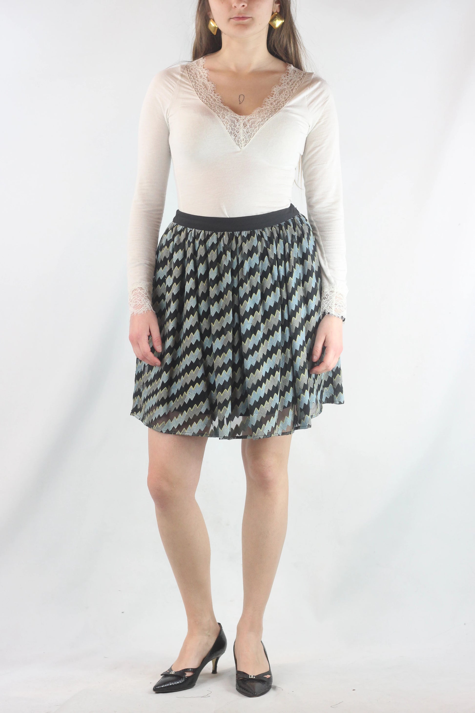 Silk Skater Skirt with Black Zigzag Pattern