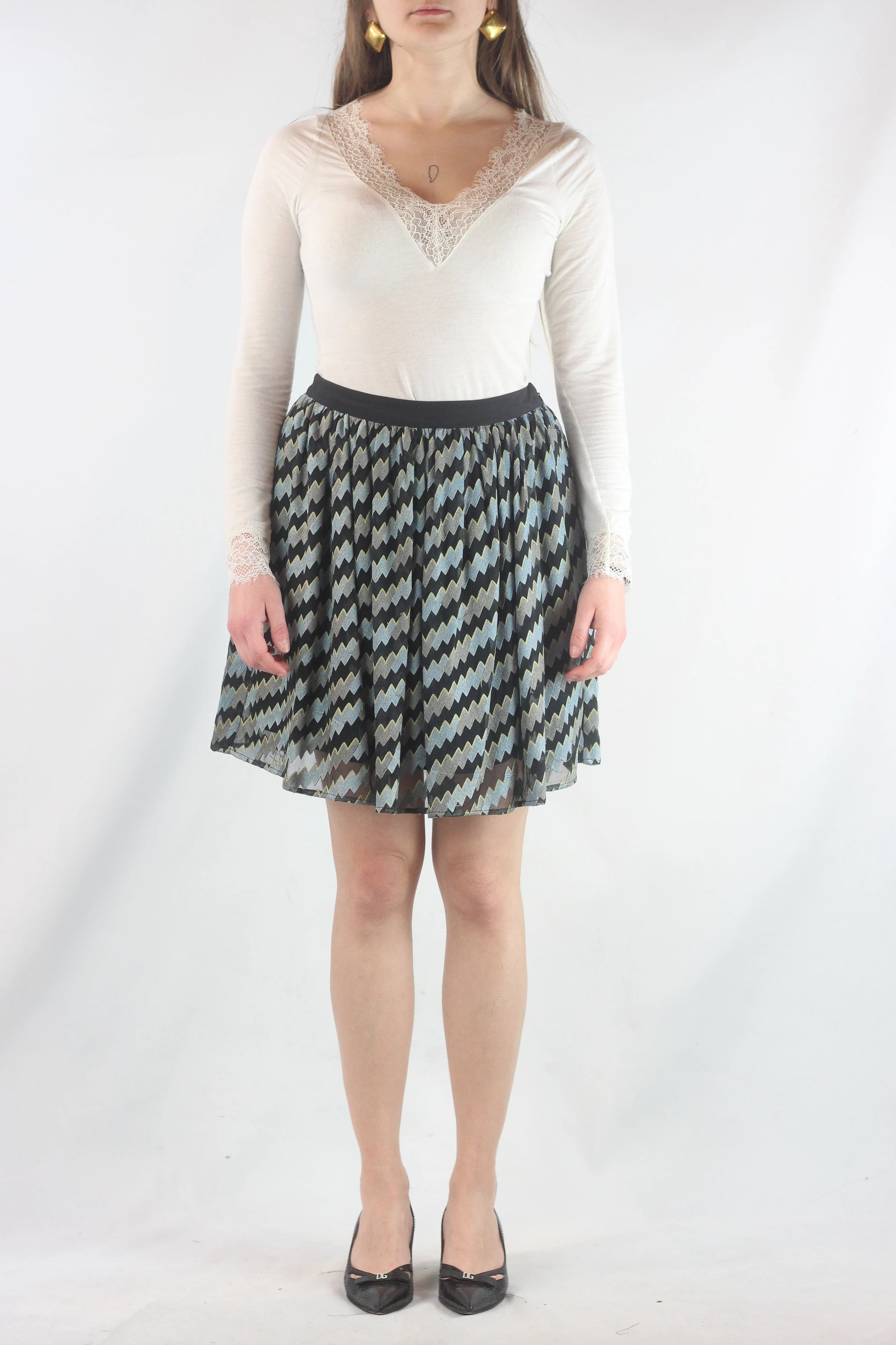 Silk Skater Skirt with Black Zigzag Pattern