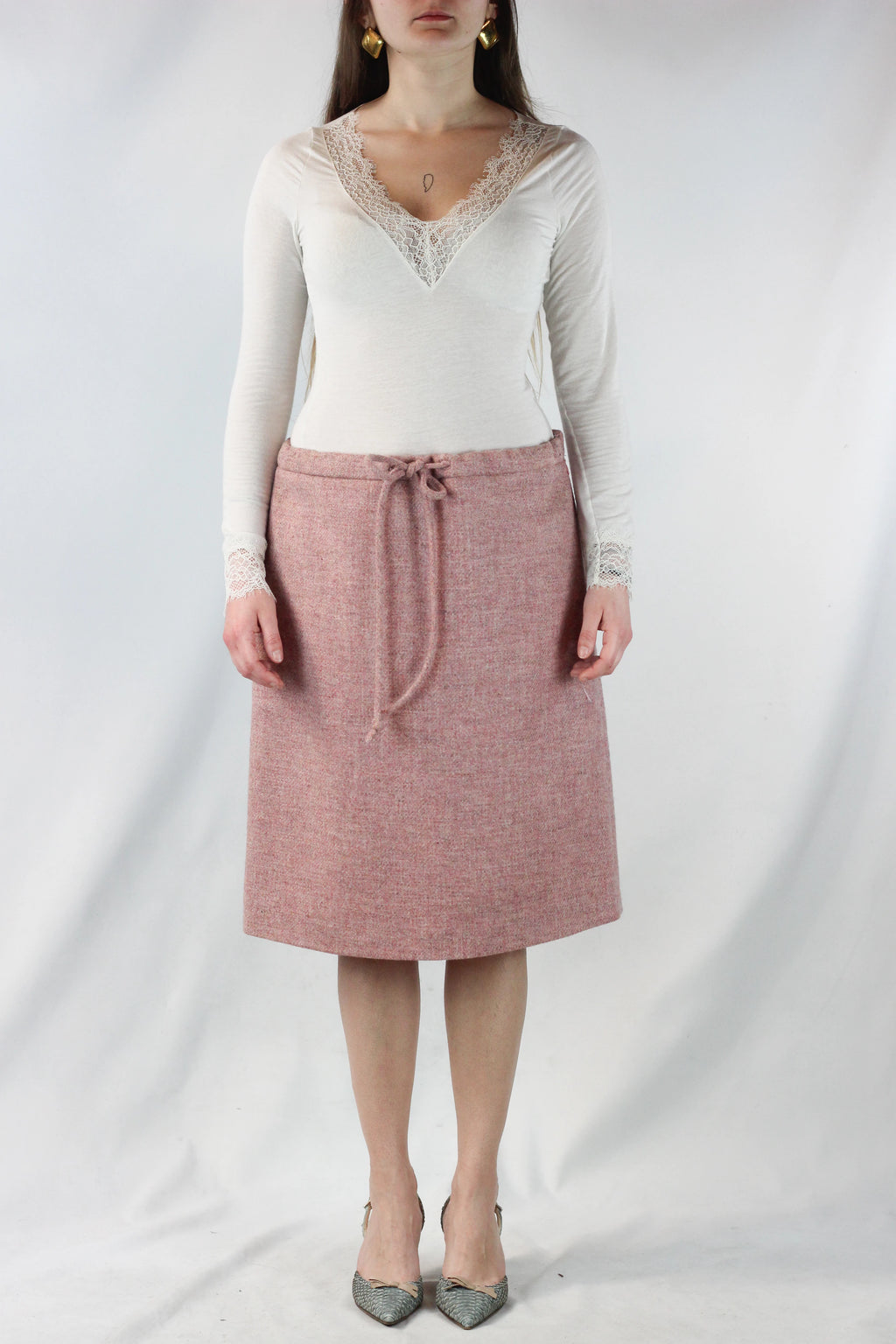 Pink Tweed Trapeze Skirt with Drawstring Waist