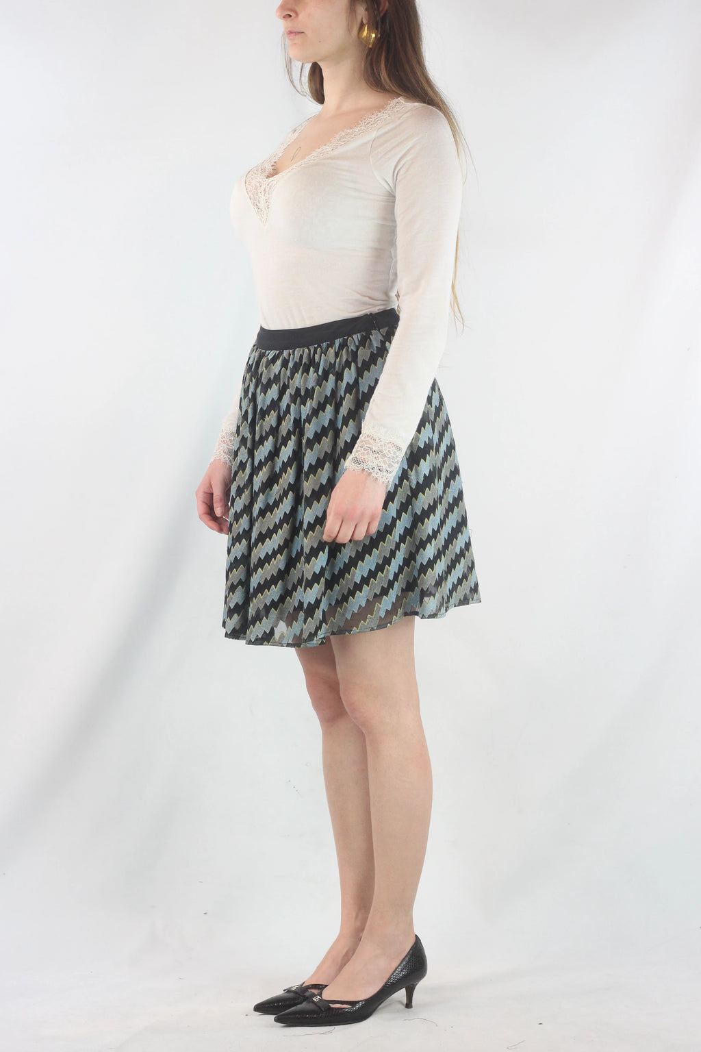 Silk Skater Skirt with Black Zigzag Pattern