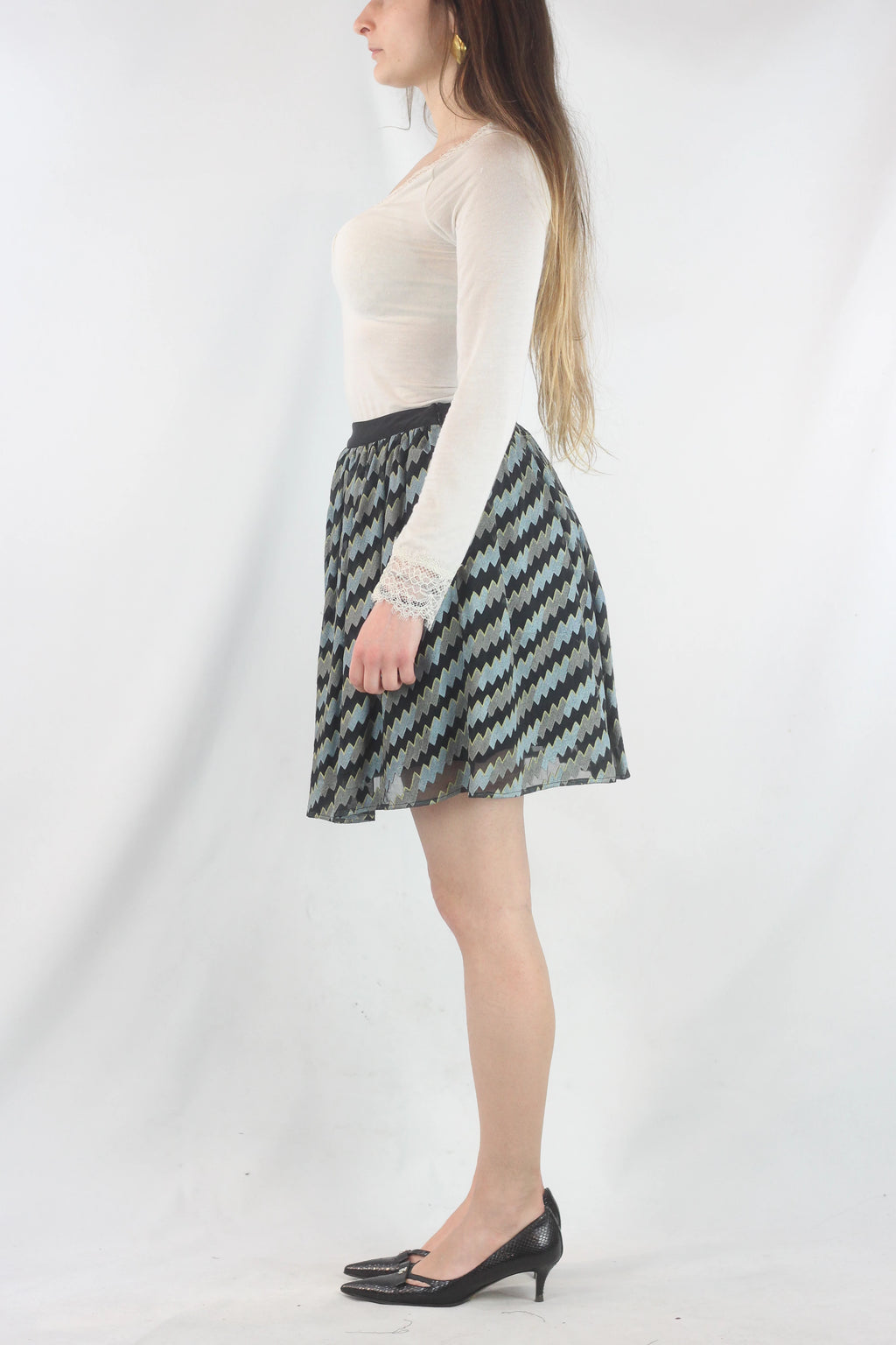 Silk Skater Skirt with Black Zigzag Pattern