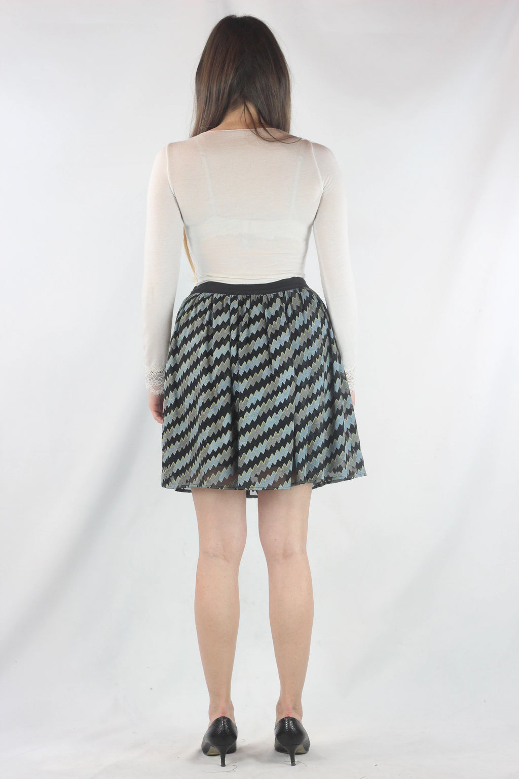 Silk Skater Skirt with Black Zigzag Pattern